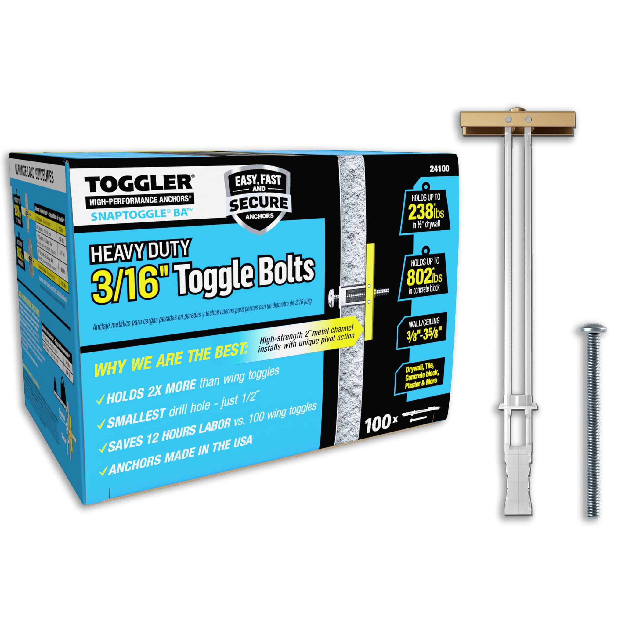TOGGLER SNAPTOGGLE Heavy-Duty Drywall Toggle Bolt – 3/16"-24 UNC Zinc-Plated Anchor for Hollow Walls, Plaster & Tile – Holds 238 lbs in 1/2" Drywall, Easy Install – 100 Pack (W/Roundhead Bolts)