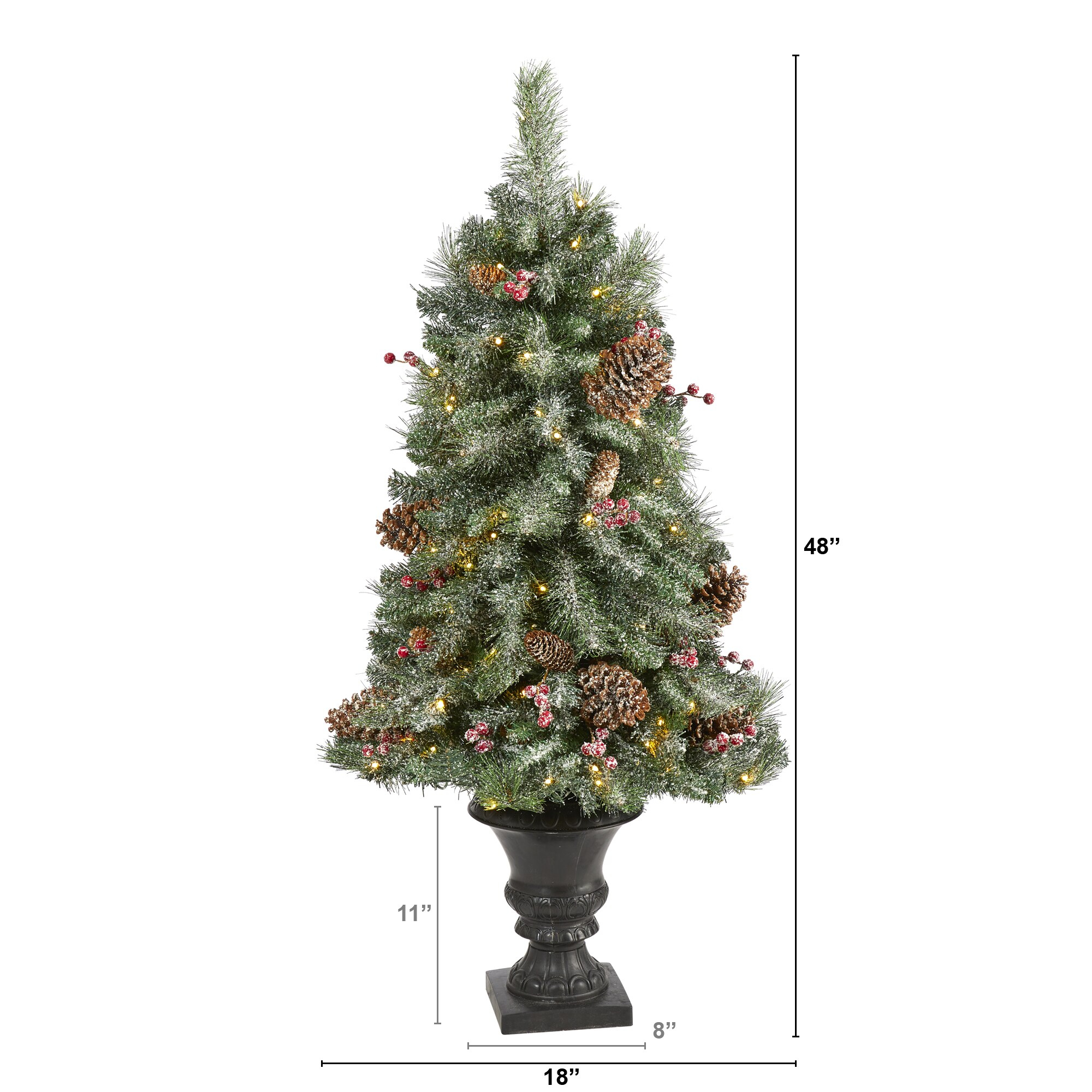 Nearly Natural 4’ Frosted Pine, Pinecone and Berries Prelit LED Artificial Christmas Tree in Decorative Urn