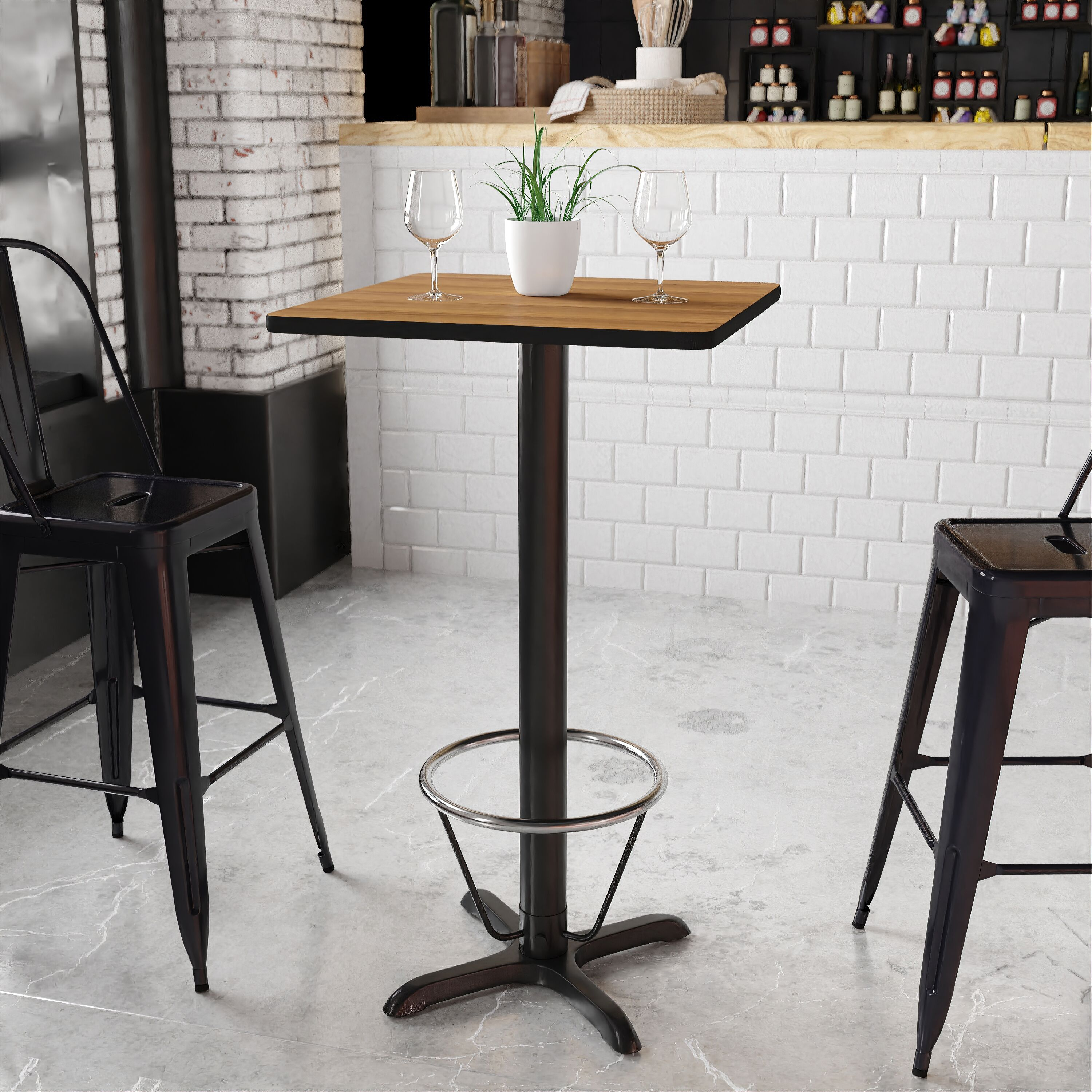 Flash Furniture 24'' Square Walnut Laminate Table Top with 22'' x 22'' Bar Height Table Base and Foot Ring
