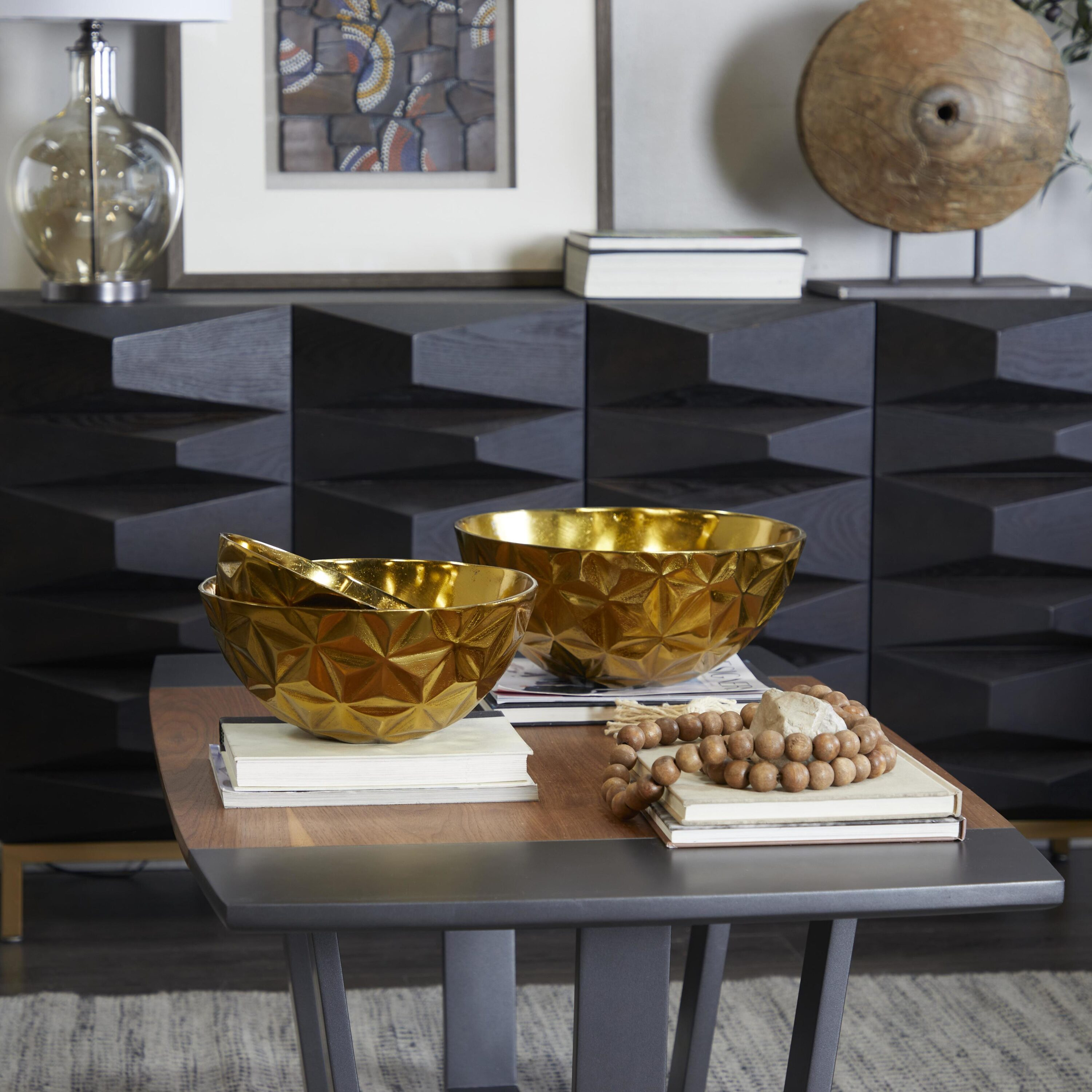 DecMode Modern Aluminum Round Shaped with Faceted Surface Decorative Bowl with Gold Glossy Interior Finish, Set of 3 14", 12", 10"