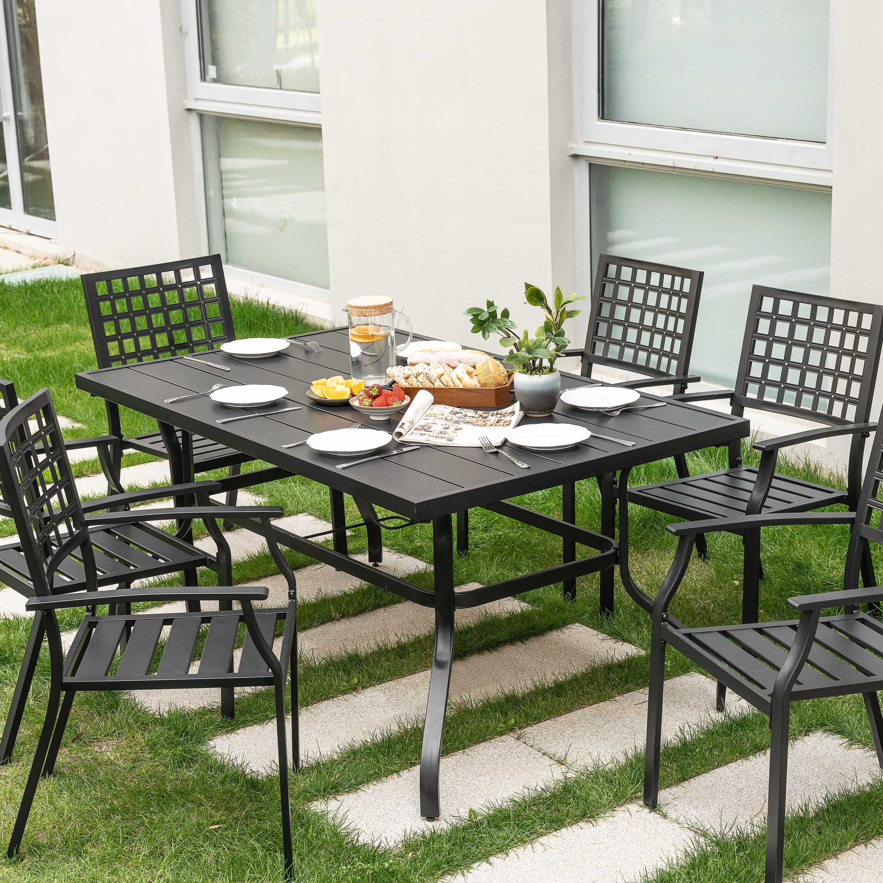 Nuu Garden Outdoor 7-Piece Iron Dining Set with 1.77'' Umbrella Hole