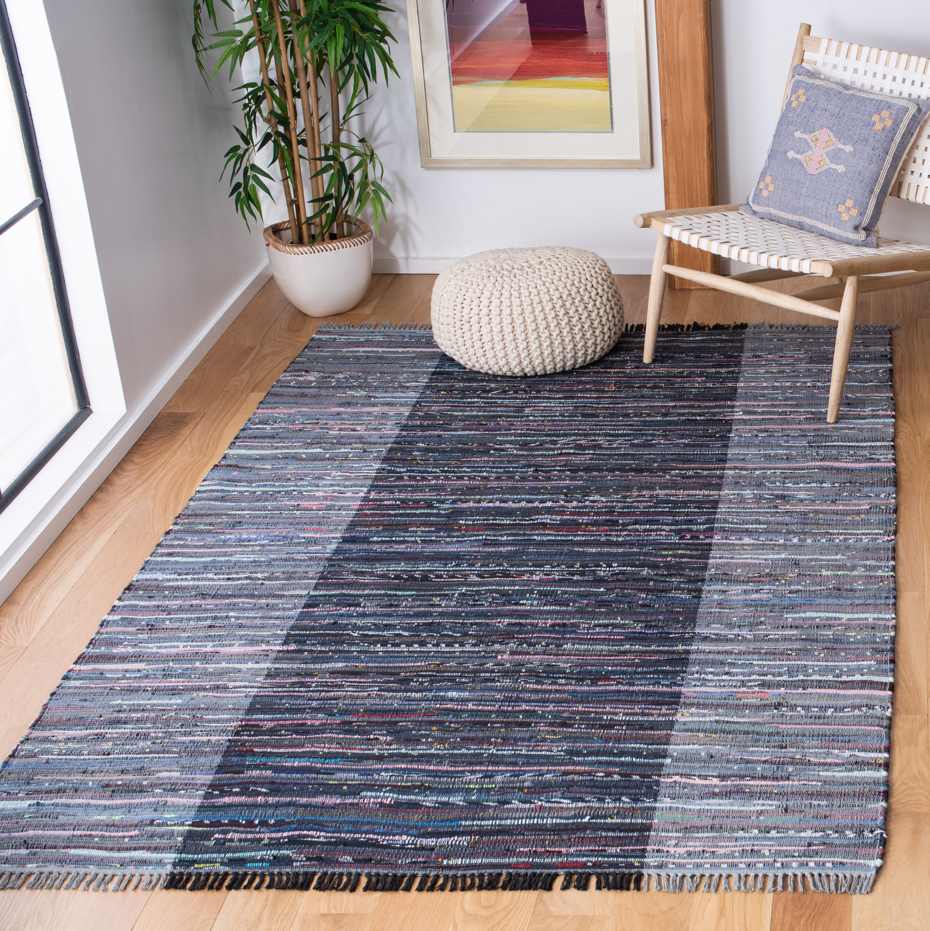 SAFAVIEH Rag Romeo Striped Fringe Cotton Area Rug, Grey/Black, 2' x 3'