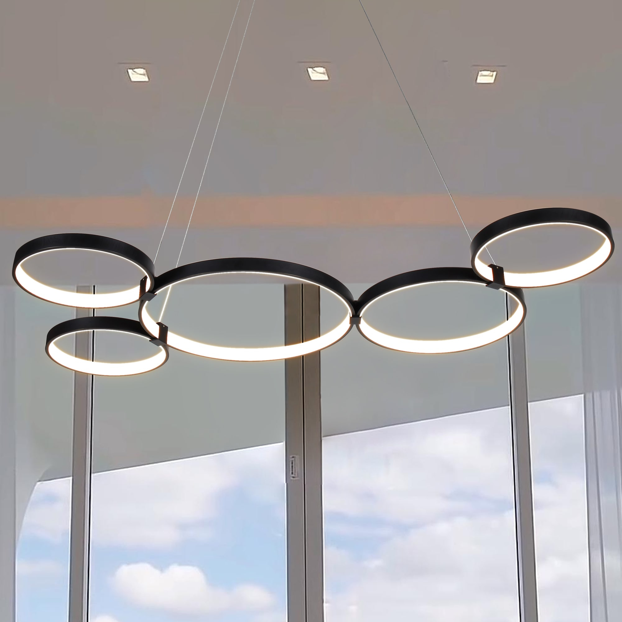 Capella 50-Inch Black Modern LED Multi-Ring Adjustable Chandelier