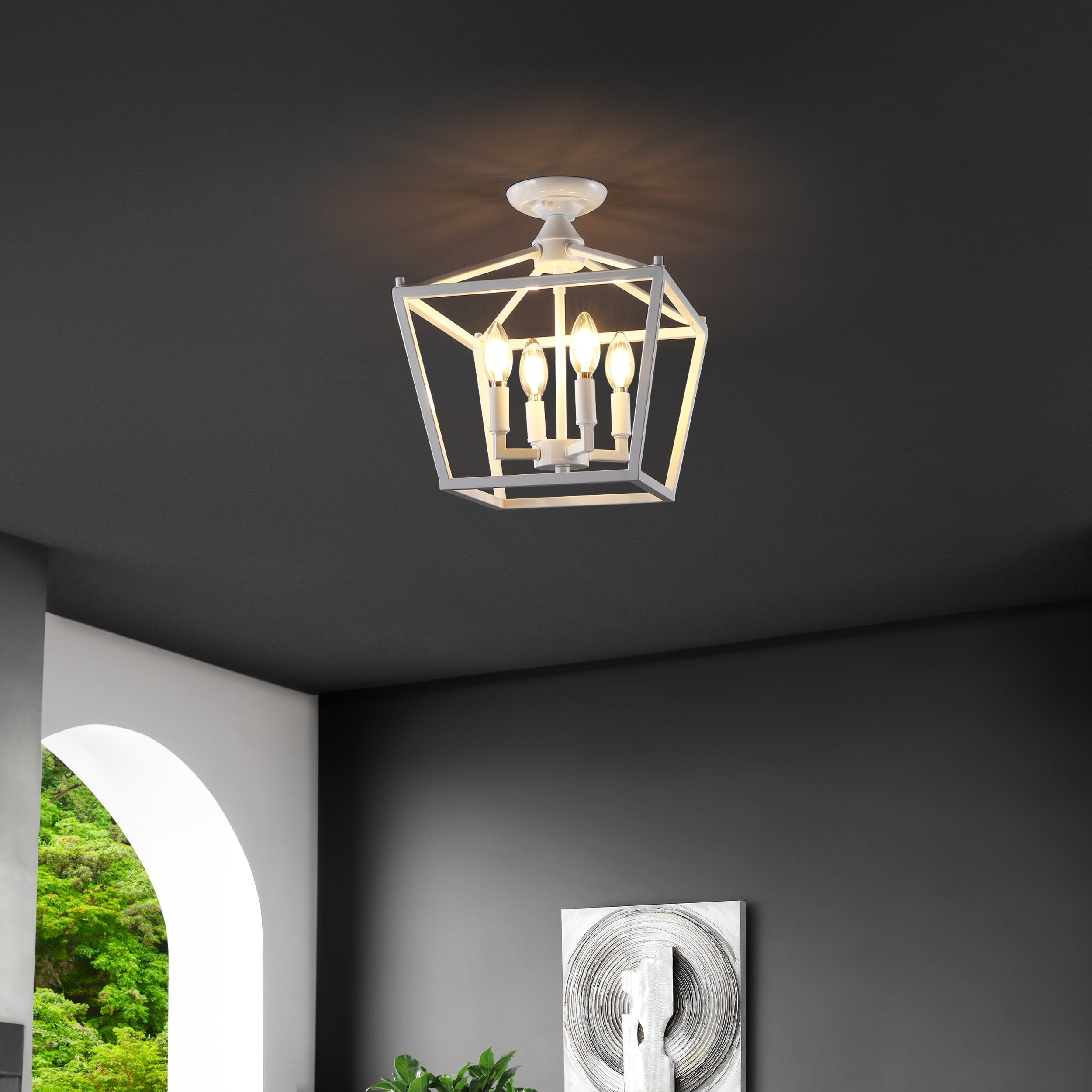 Plains Mini Lantern 12 in. 4-Light Iron Modern Farmhouse LED Flush Mount, White