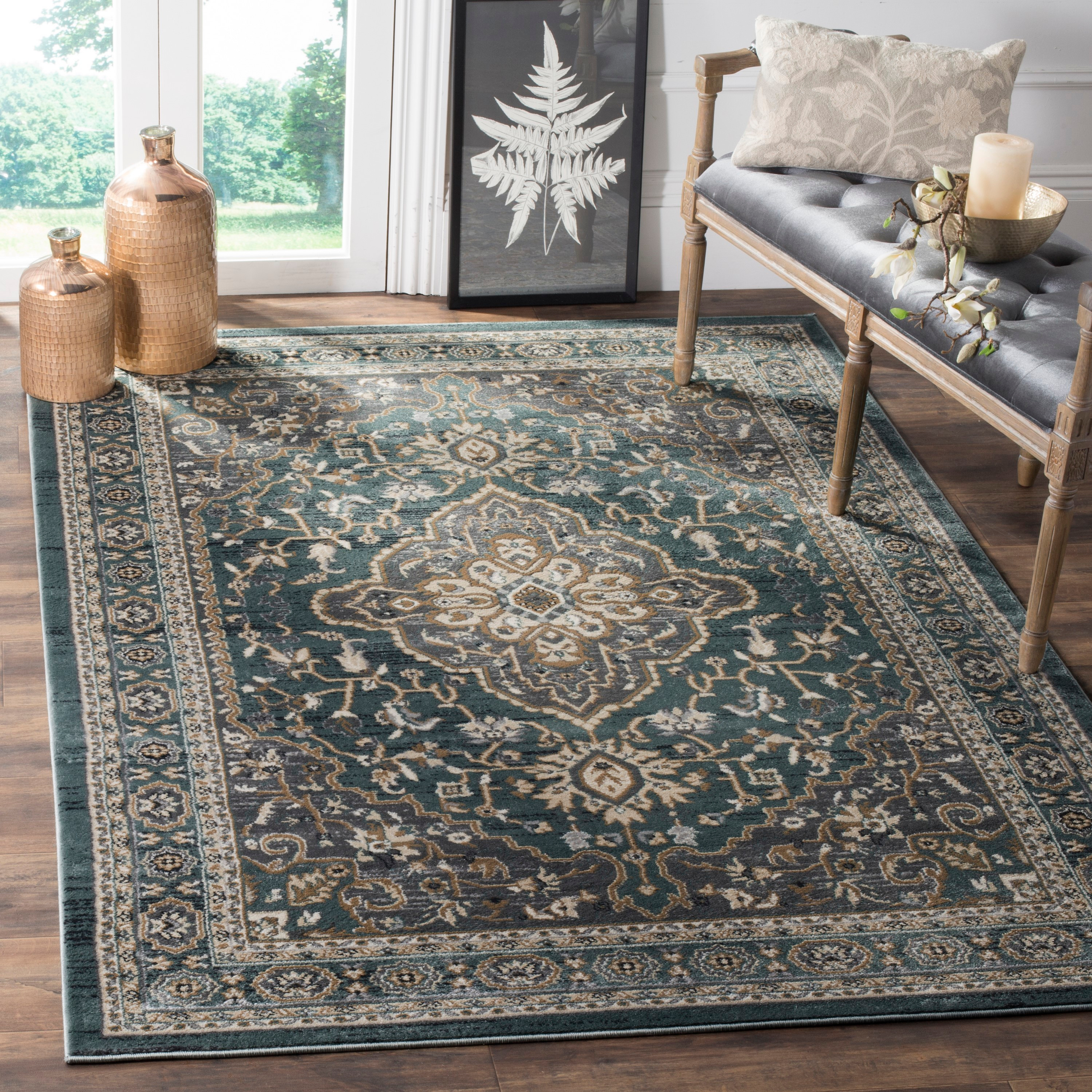 Teal and Grey Floral Synthetic 9' x 12' Area Rug