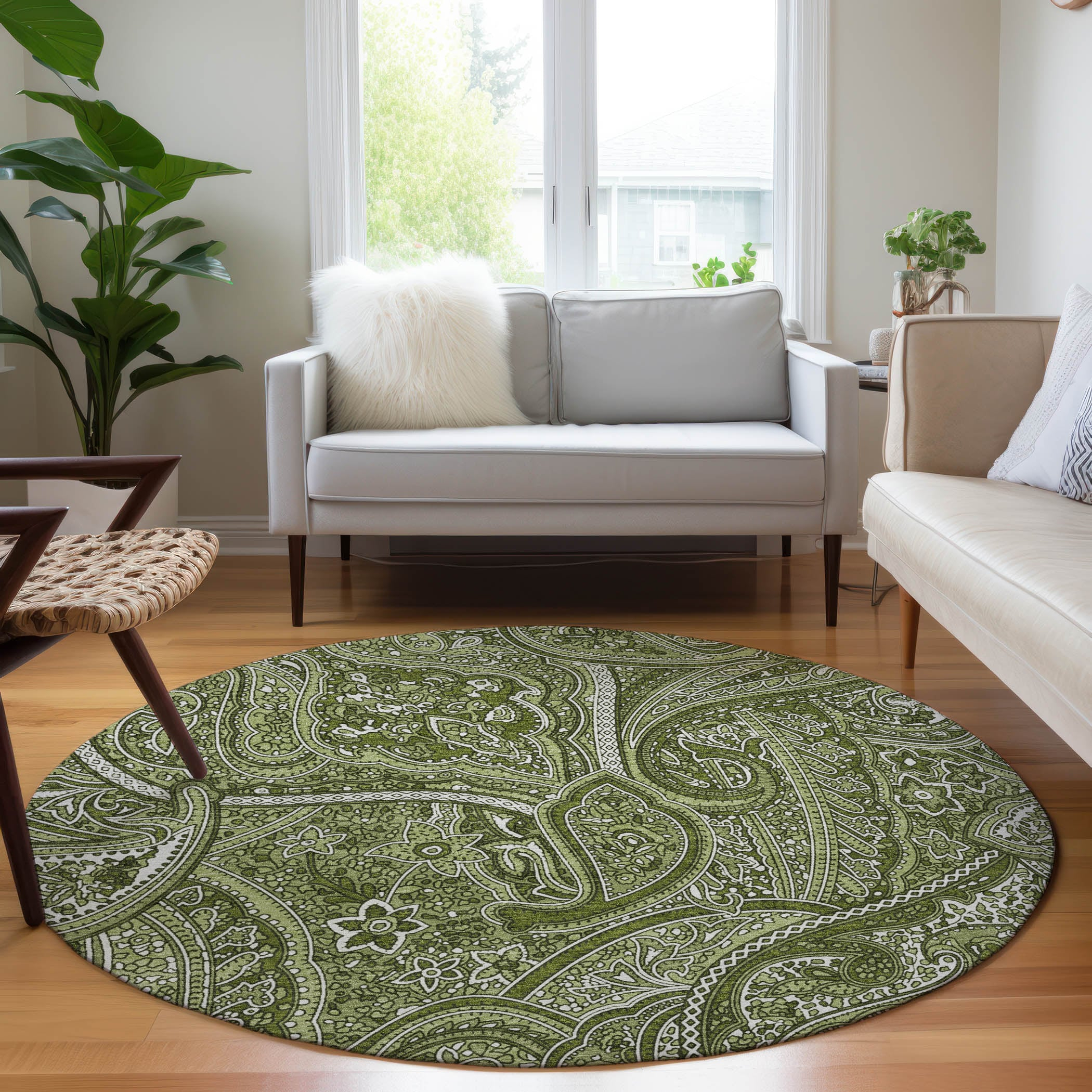 Green Paisley Pattern Round Machine Washable Area Rug