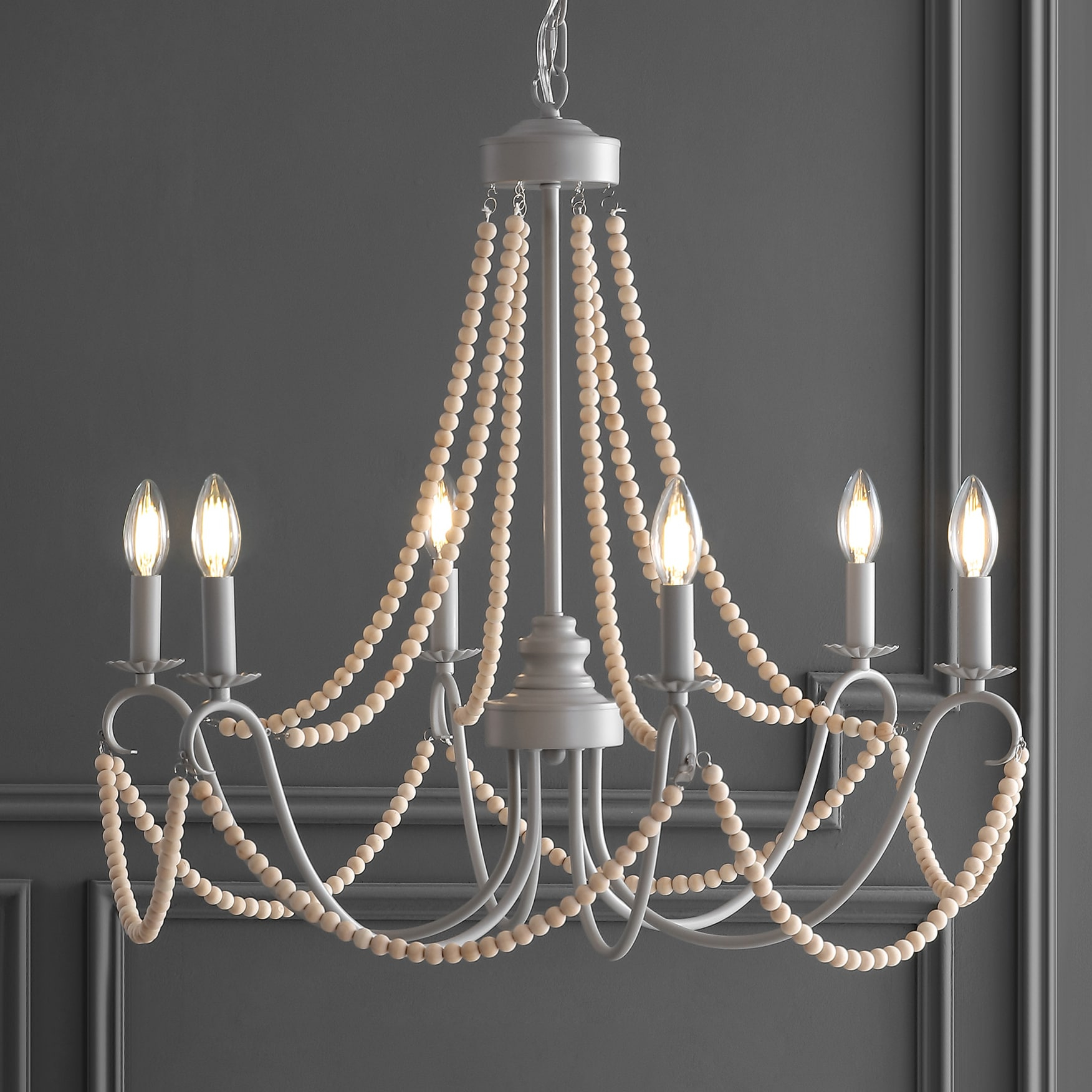 JONATHAN Y JYL9060A Rustica 6-Light 27" Adjustable Greige Metal/Wood Bead LED Chandelier, Classic, French Country for living room, dinning room, bedroom, office Bulb Included, Grey/Natural