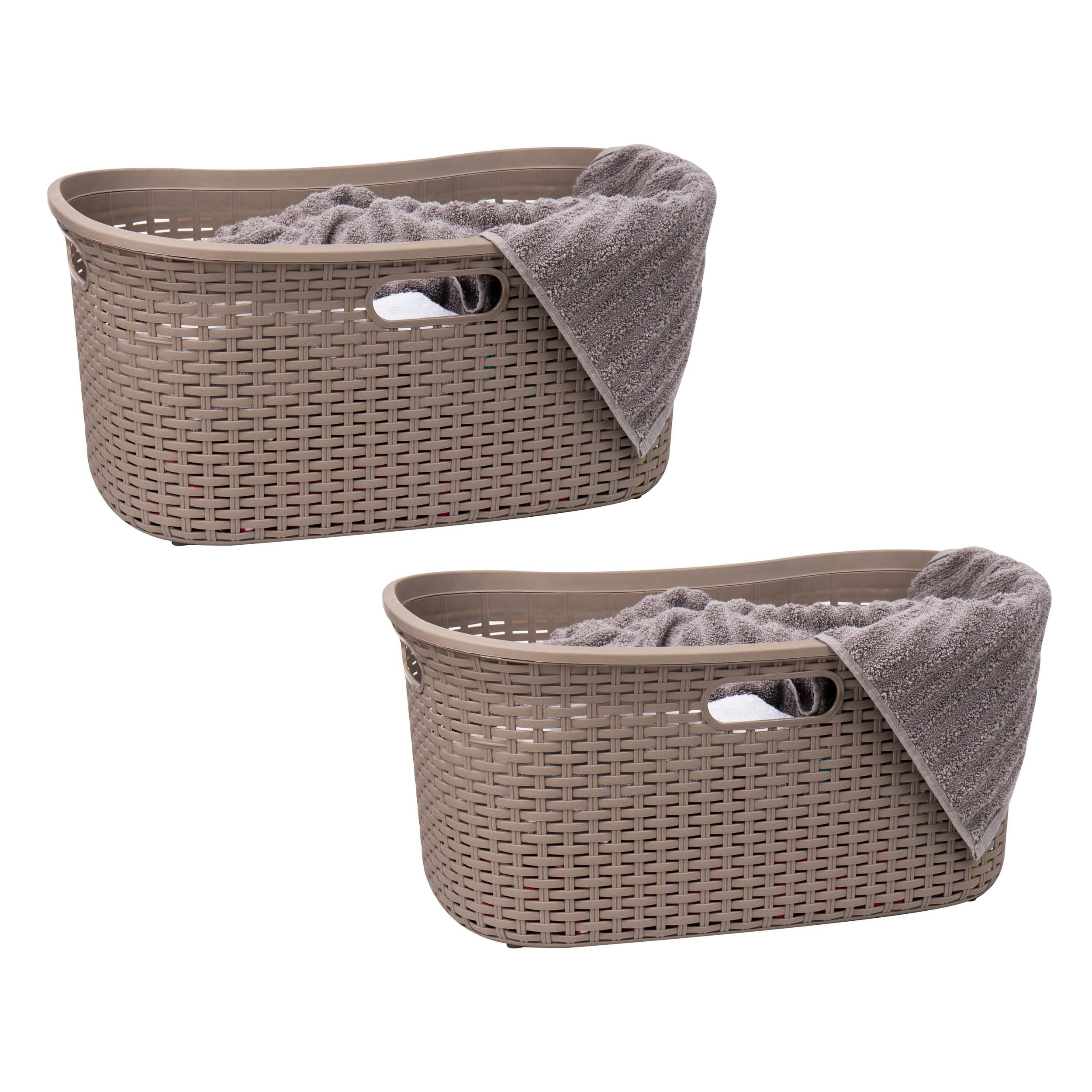 Mind Reader 40L Laundry Basket, Clothes Hamper, Lid, Wicker Design, Plastic, 23"L x 14.5"W x 11"H, Set of 2, Tan