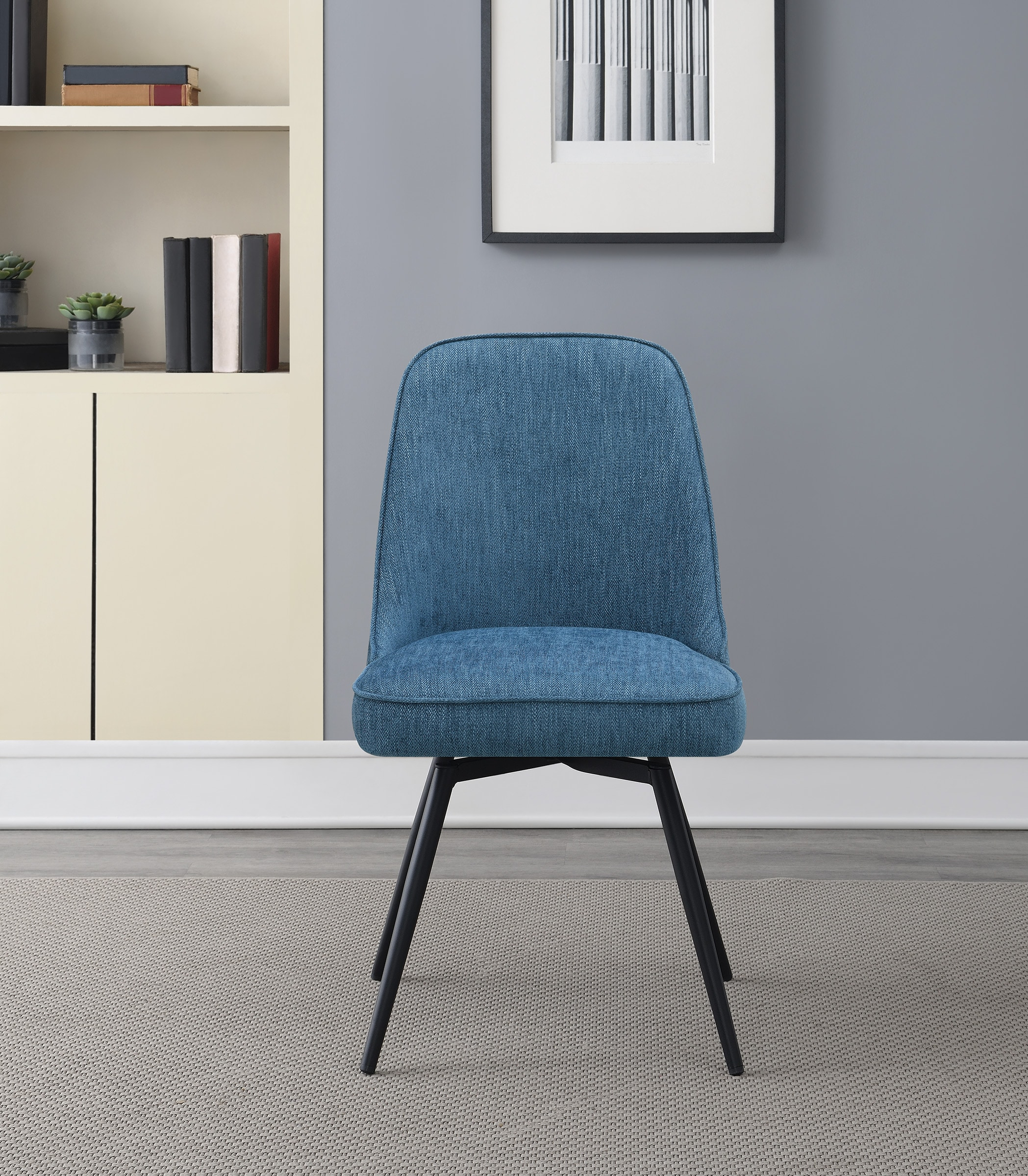 Martel Swivel Chair in Navy Herringbone Fabric with Black Legs
