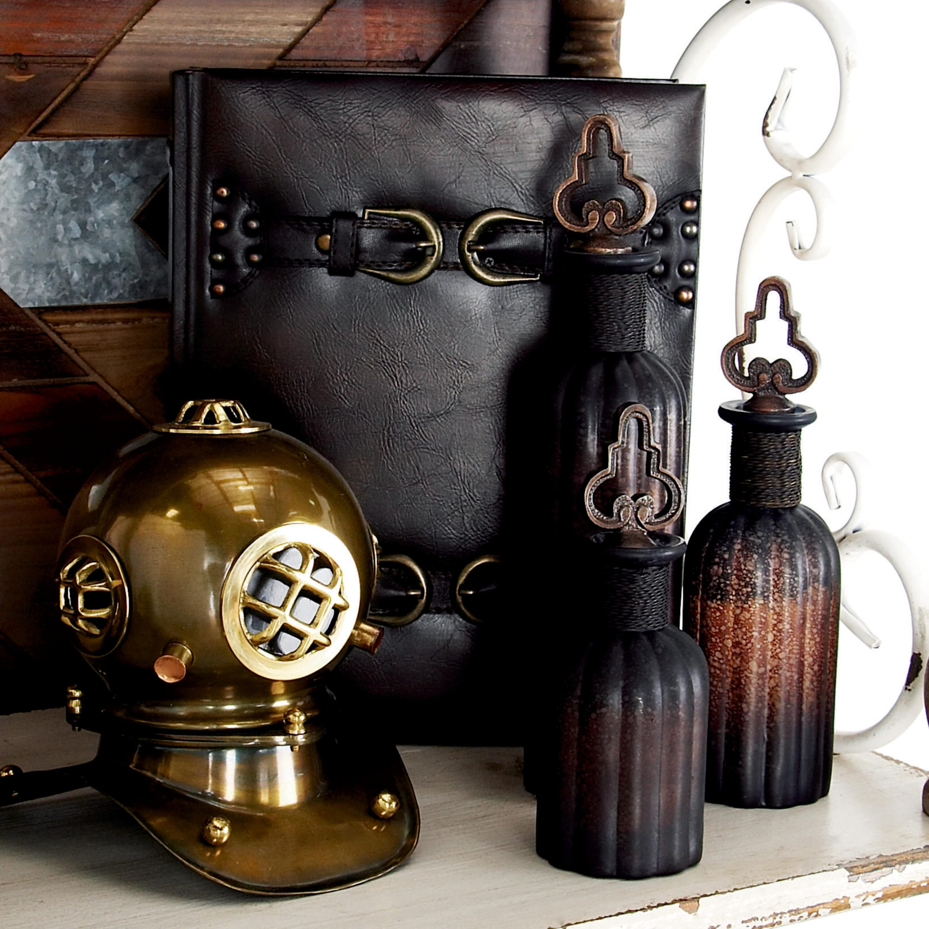 DecMode Vintage Faux Book Storage Dark Brown Faux Leather Decorative Box with Gold Buckle Accents, 3 Count