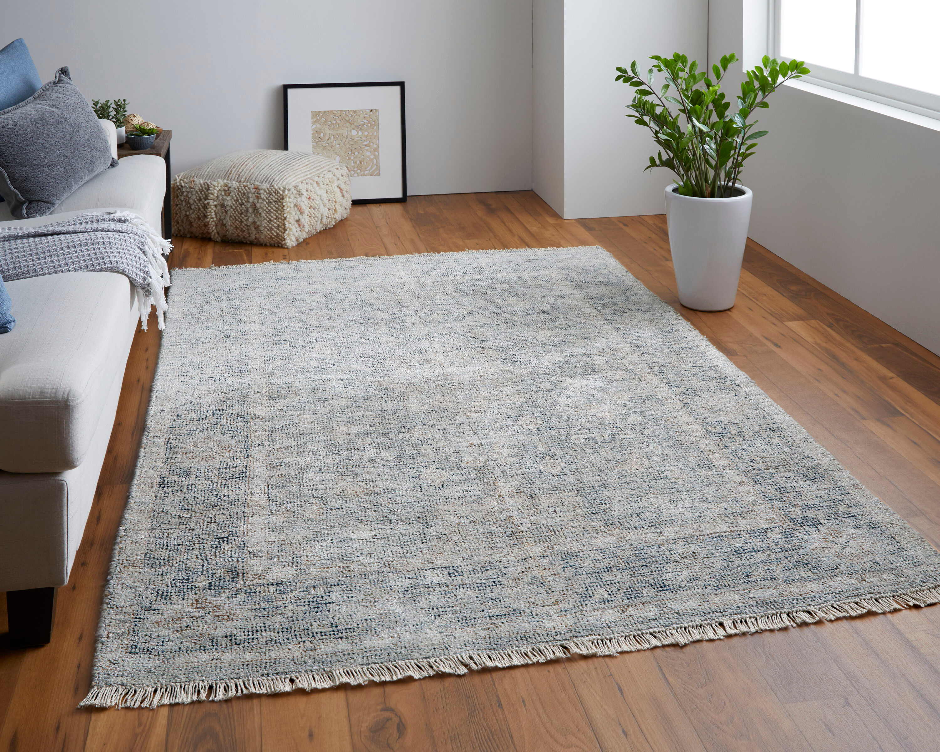 Feizy Caldwell Transitional Distressed, Gray/Blue/Taupe, 2' x 3' Accent Rug Handmade Sheen Bohemian & Eclectic Bordered Design Carpet for Living Dining Bed Room