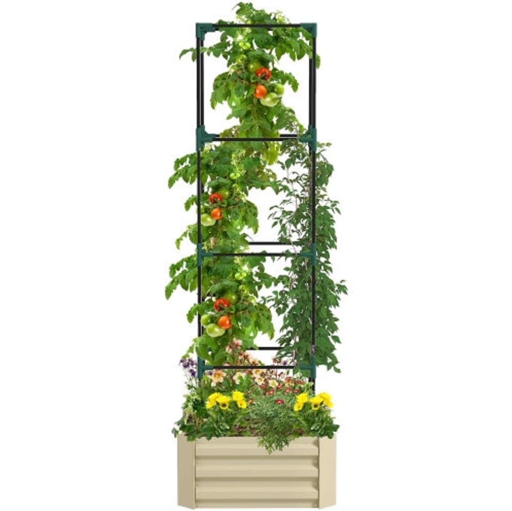Brown Galvanized Steel Raised Garden Bed with Trellis, 24" x 24" x 11.75"