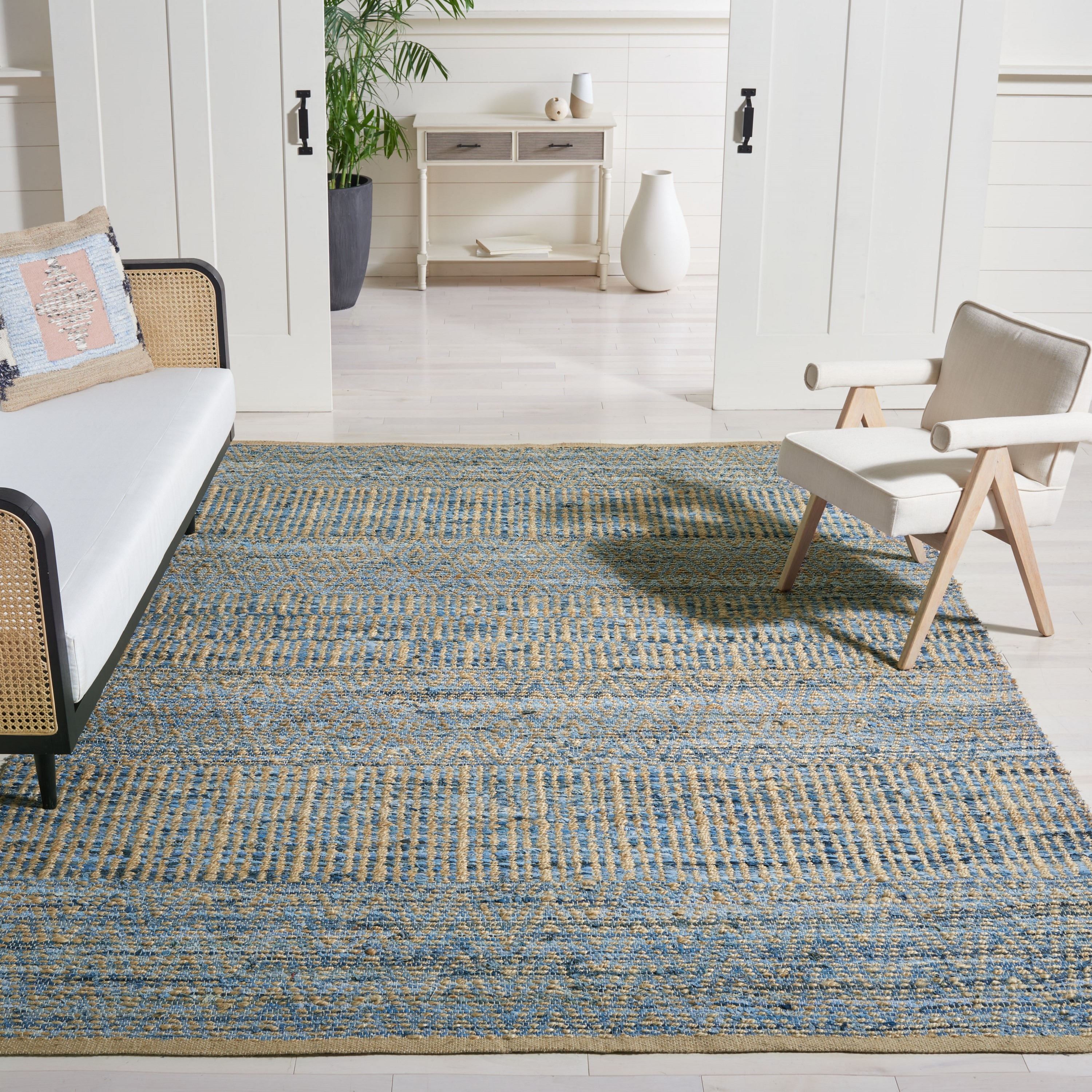 SAFAVIEH Cape Cod Gladwyn Braided Striped Jute Area Rug, 10' x 14', Natural/Blue