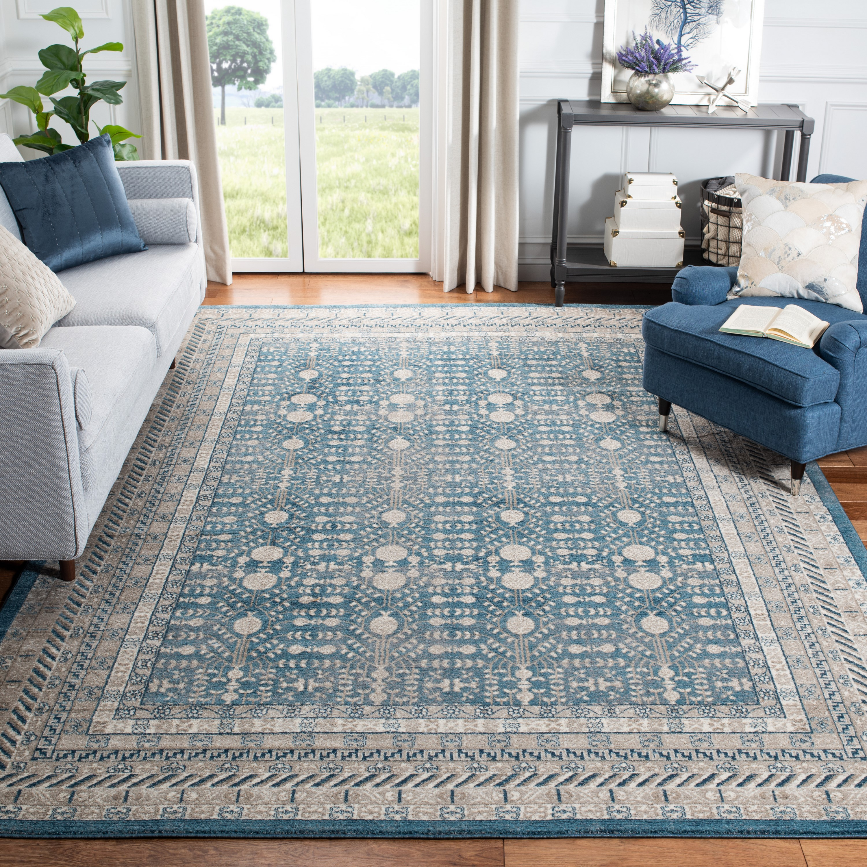 Sofia Blue and Beige 9' x 12' Synthetic Rectangular Area Rug