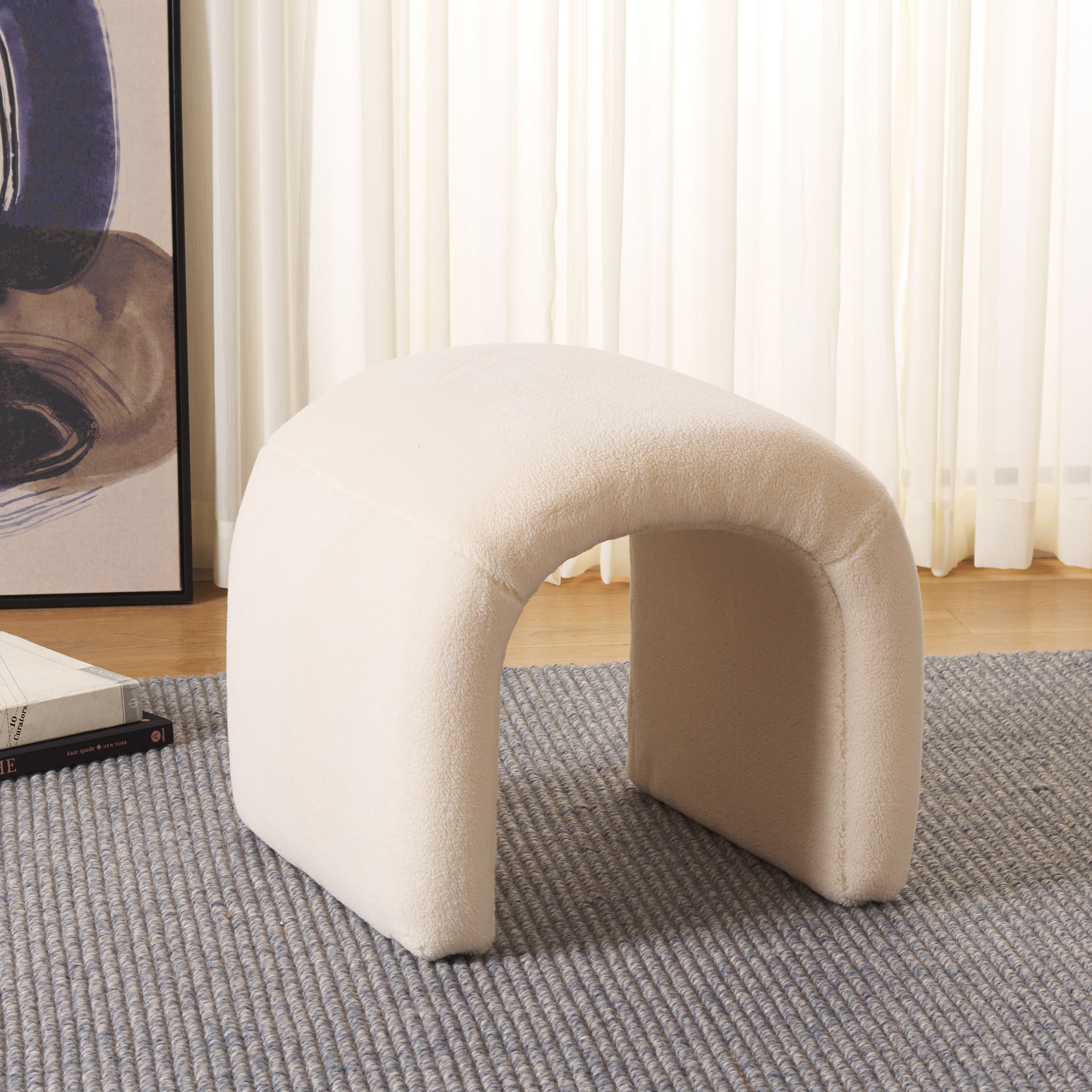 SAFAVIEH Kibo Modern Faux Shearling Ottoman, Cream