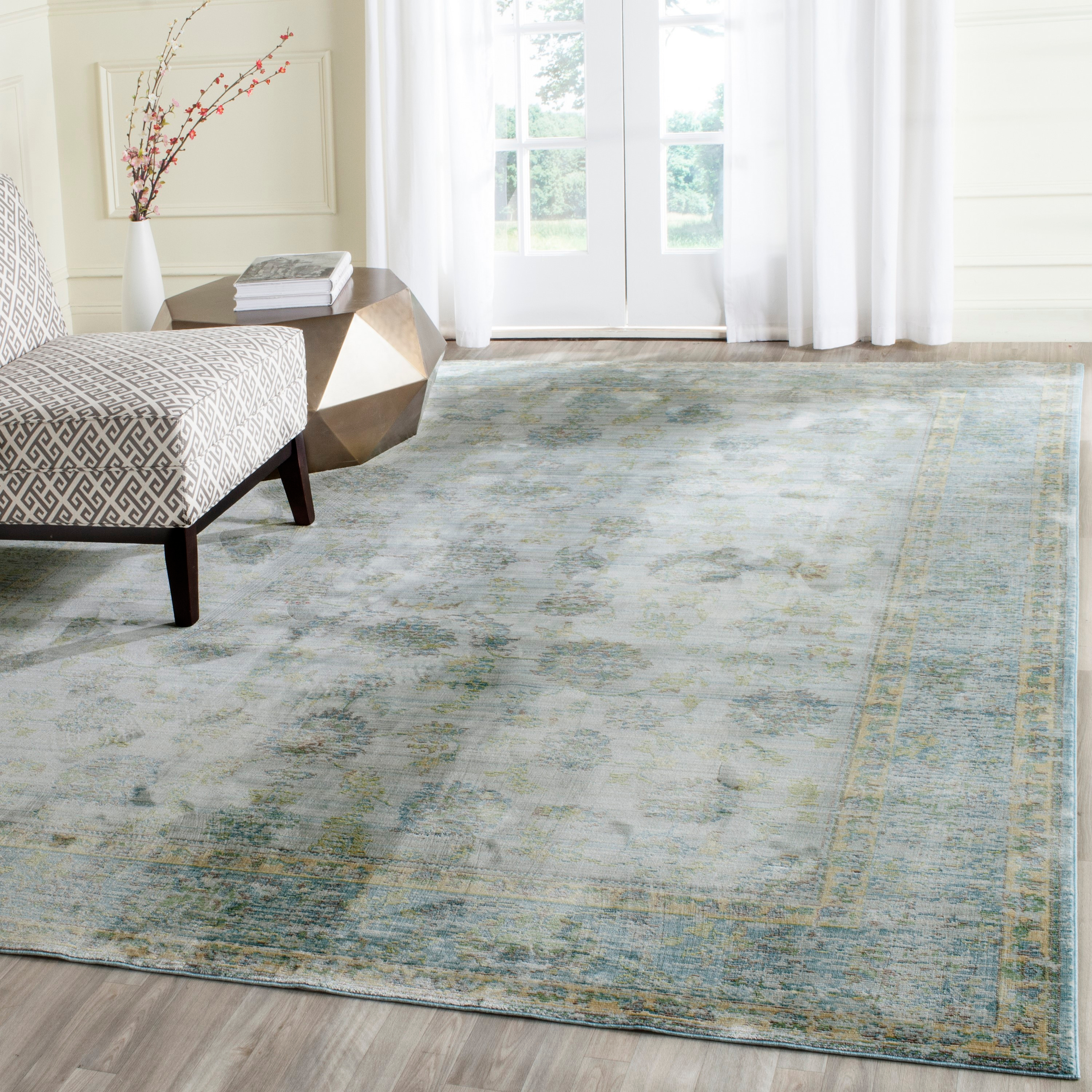 SAFAVIEH Valencia Cionadogh Floral Bordered Polyester Area Rug, Light Blue/Turquoise, 8' x 10'