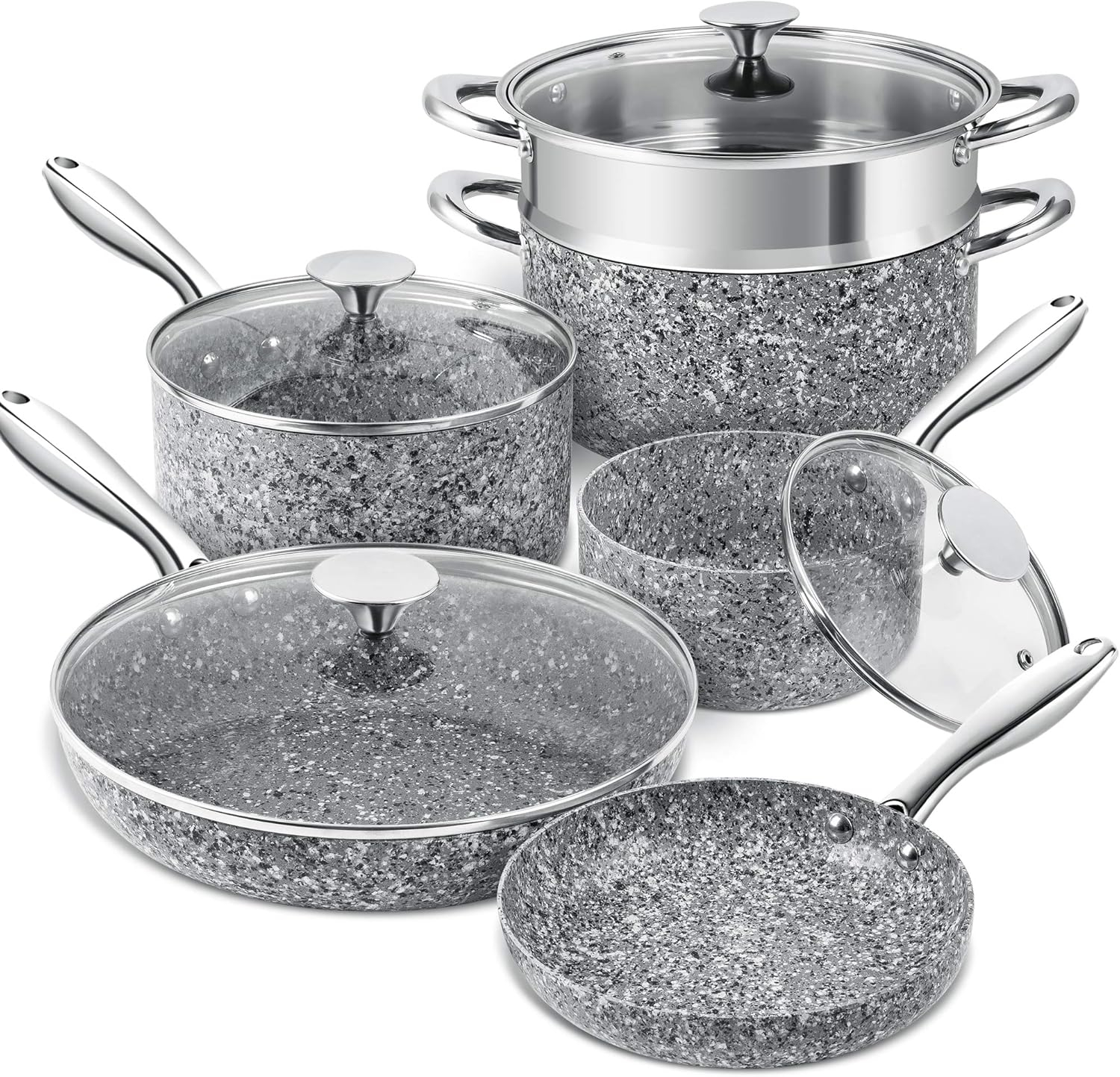 MICHELANGELO Pots and Pans Set 10 Piece, Cookware Set with Granite Coatings for Super Nonstick Result Essential Stone Cookware Sets with Utensil Set, Induction Compatible, PFOA Free