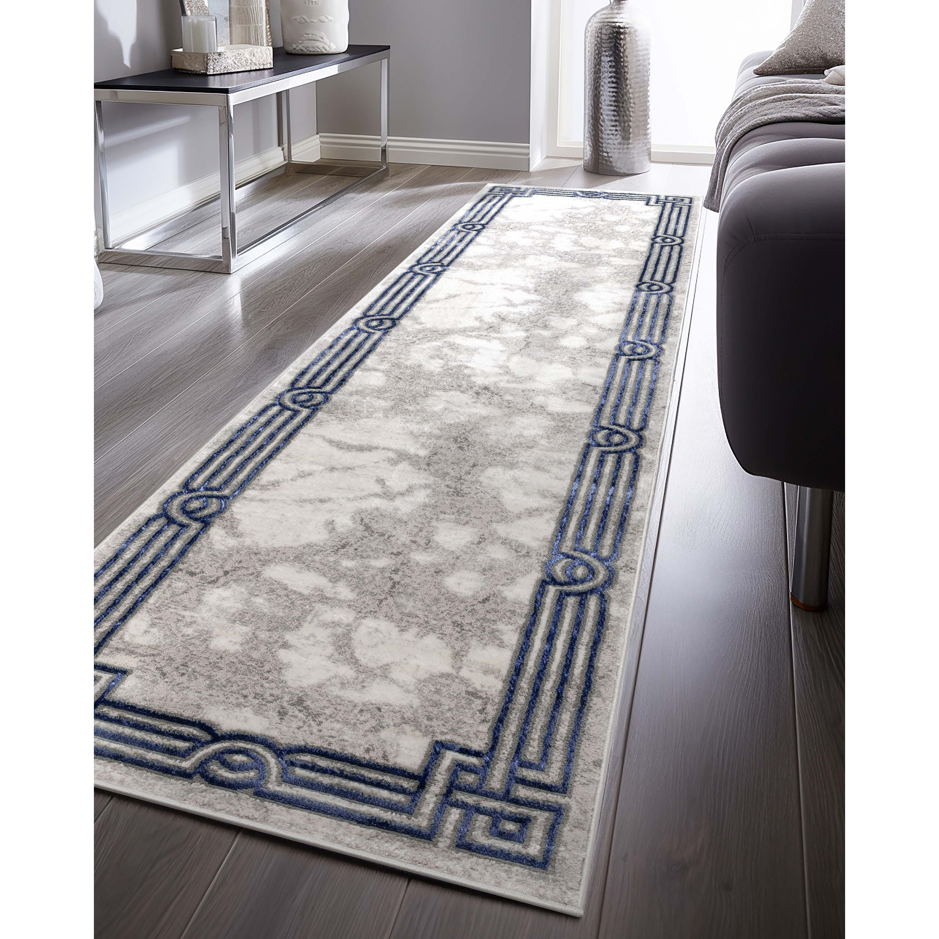 Well Woven Lezlee Abstract Modern 2'7" x 9'10" Runner Rug - Blue Marble Border - for Hallway, Entryway, Stair
