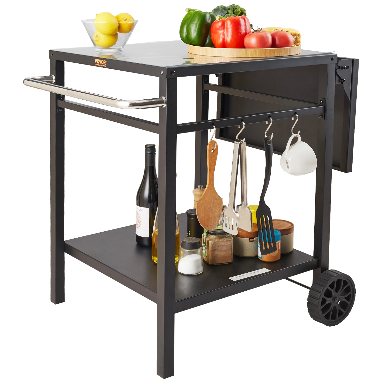 Black Iron Double-Shelf Outdoor Grill Dining Cart with Wheels