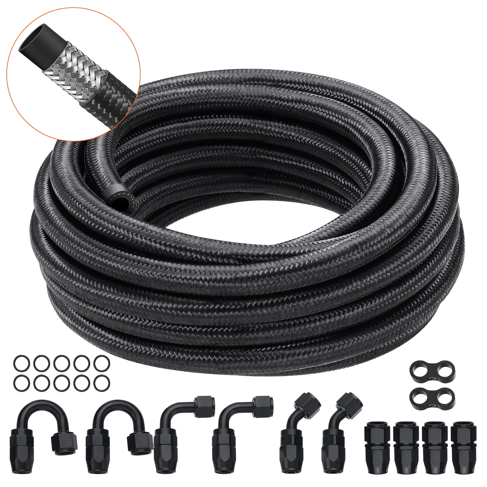 VEVOR 6AN Fuel Line Kit, 20 FT Fuel Hose Kit, 0.34" Nylon Stainless Steel Braided Fuel Line Oil/Gas/Diesel Hose End Fitting Kit, with 12 PCS Swivel Fitting Adapter Kit, Black