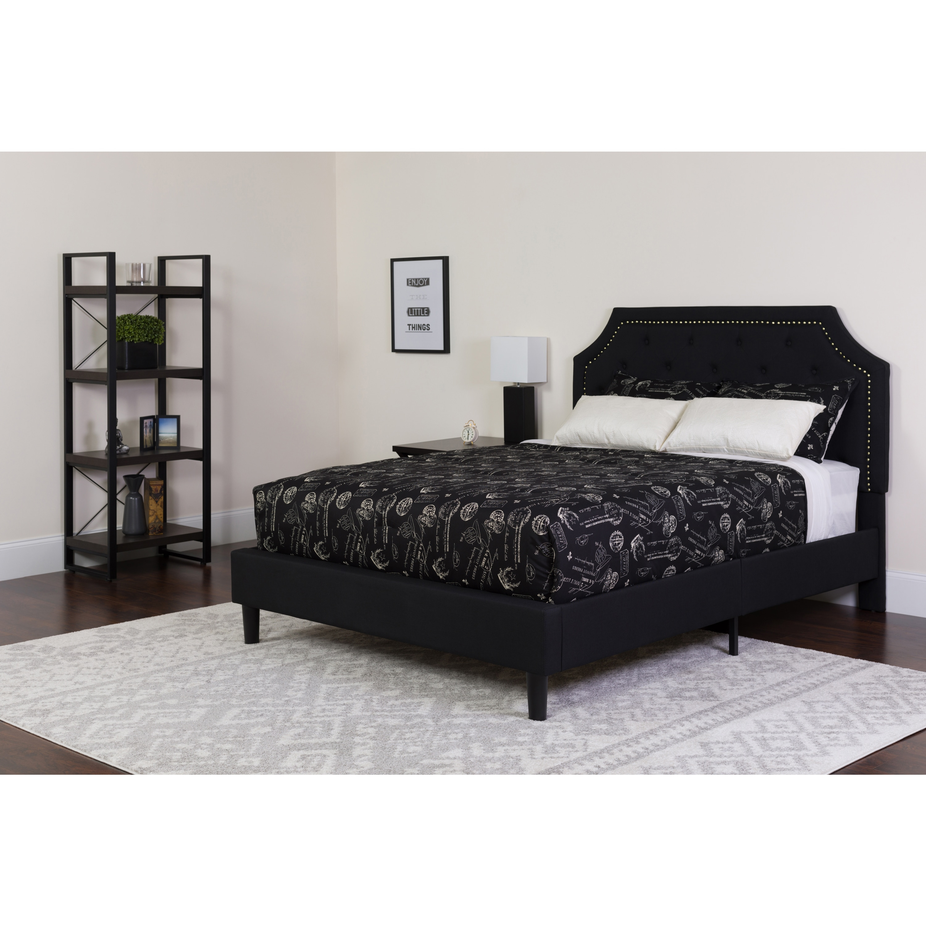 Flash Furniture Brighton Cama con Plataforma Tapizada con Capitoné de Tamaño Full en Tela Negra con Colchón de Muelles Ensacados