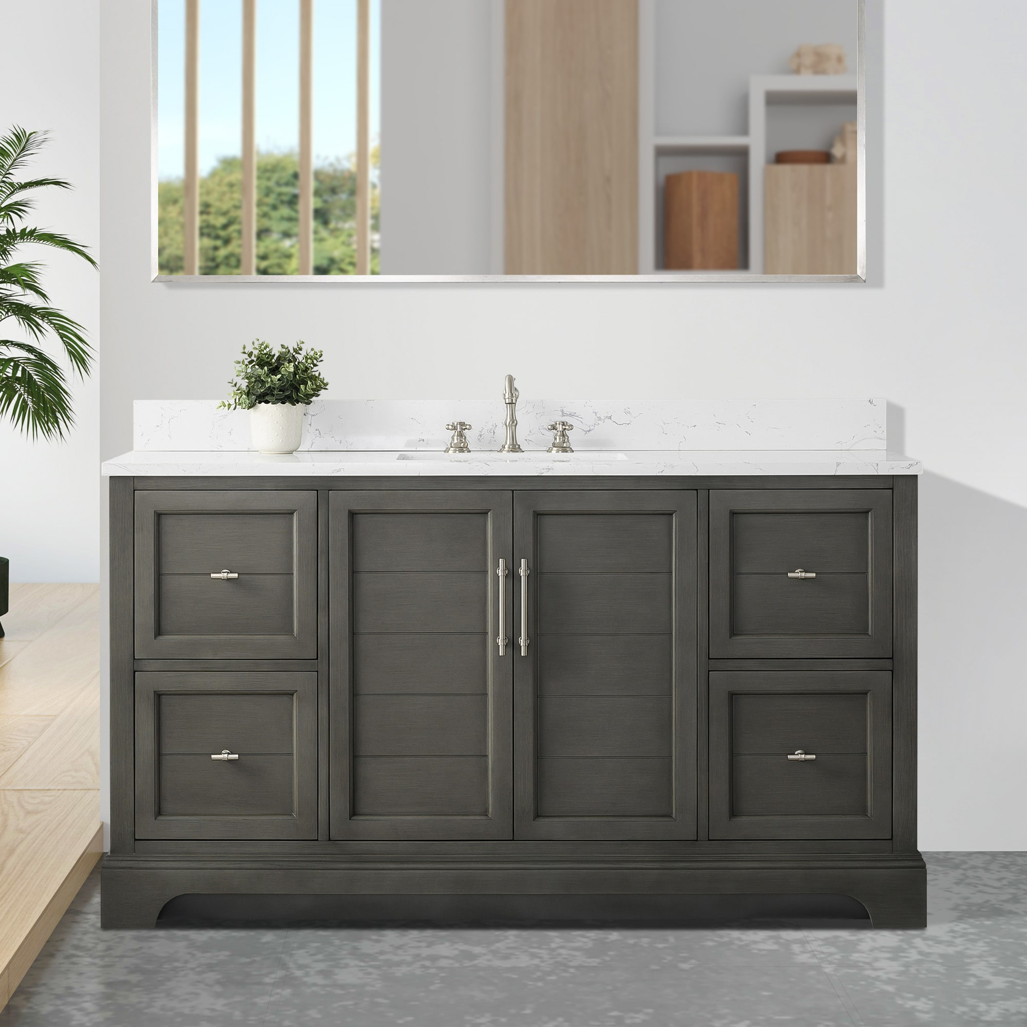 Vanity Art 60 x 22 x 34 in. Double Sink Bathroom Vanity with Quartz Top & Backsplash, Silver Grey