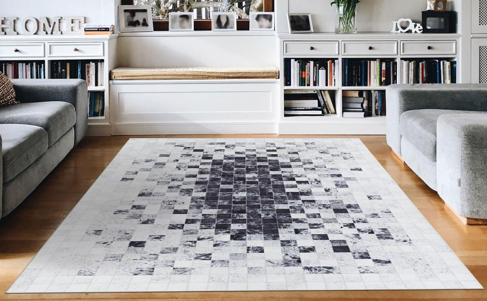 Couristan Prairie Hygee Blocks Coal-Ice Caps Printed Faux Cowhide Area Rug 