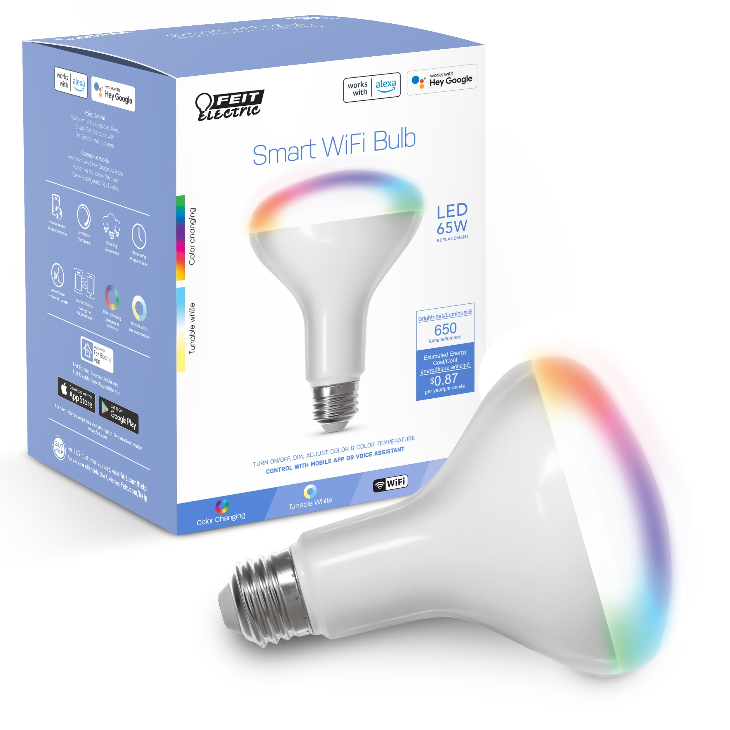 Feit Electric Smart LED Bulb 65W Equivalent Full Color/Tunable White, BR30, Med E26 Base, Dimmable