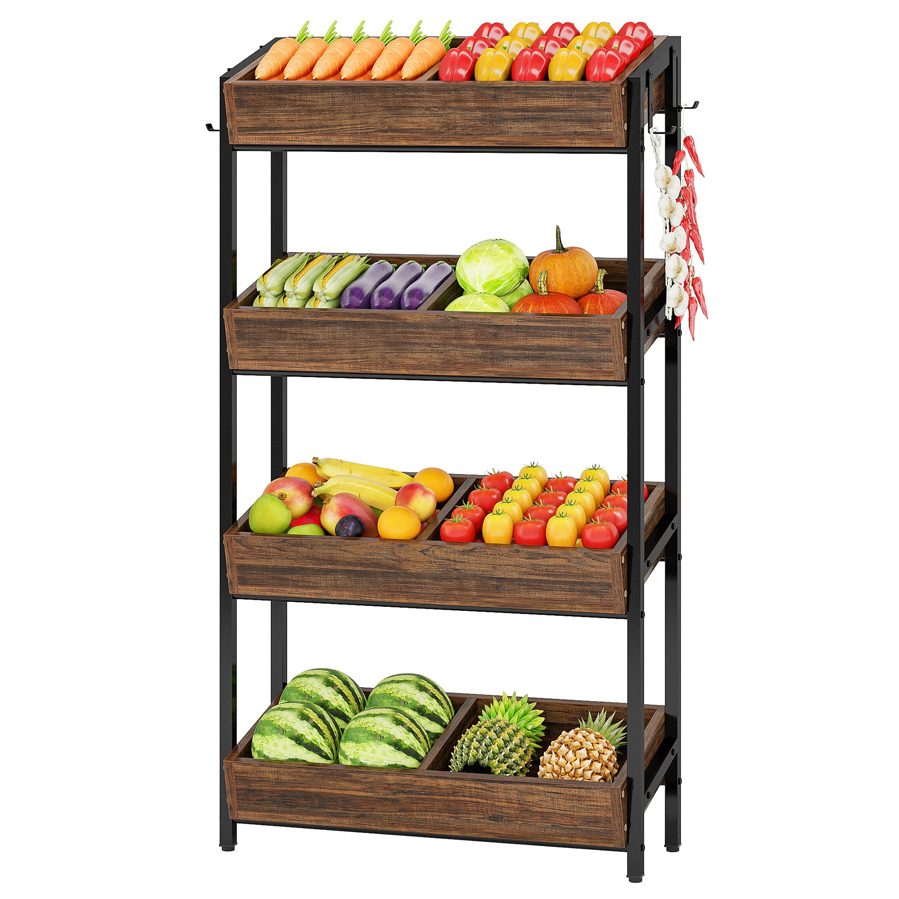 Tribesigns Wood Fruit Vegetable Storage Rack Stand,4-Tier Stackable Fruit Basket Organizer Rack