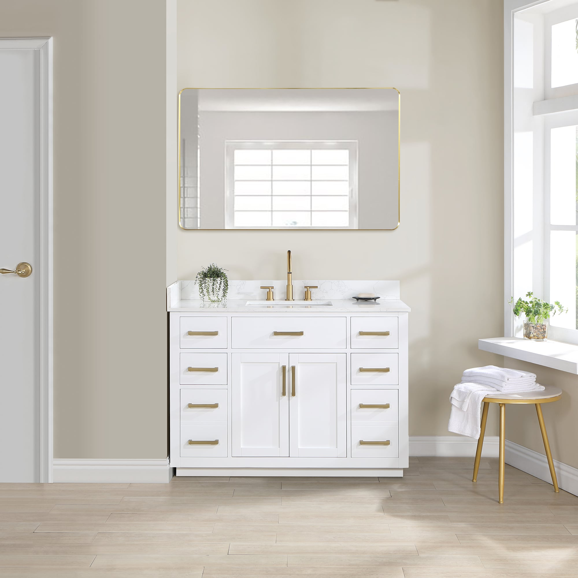 Gavino 48" Wood Vanity in White with Grain White Composite Stone Top and Mirror