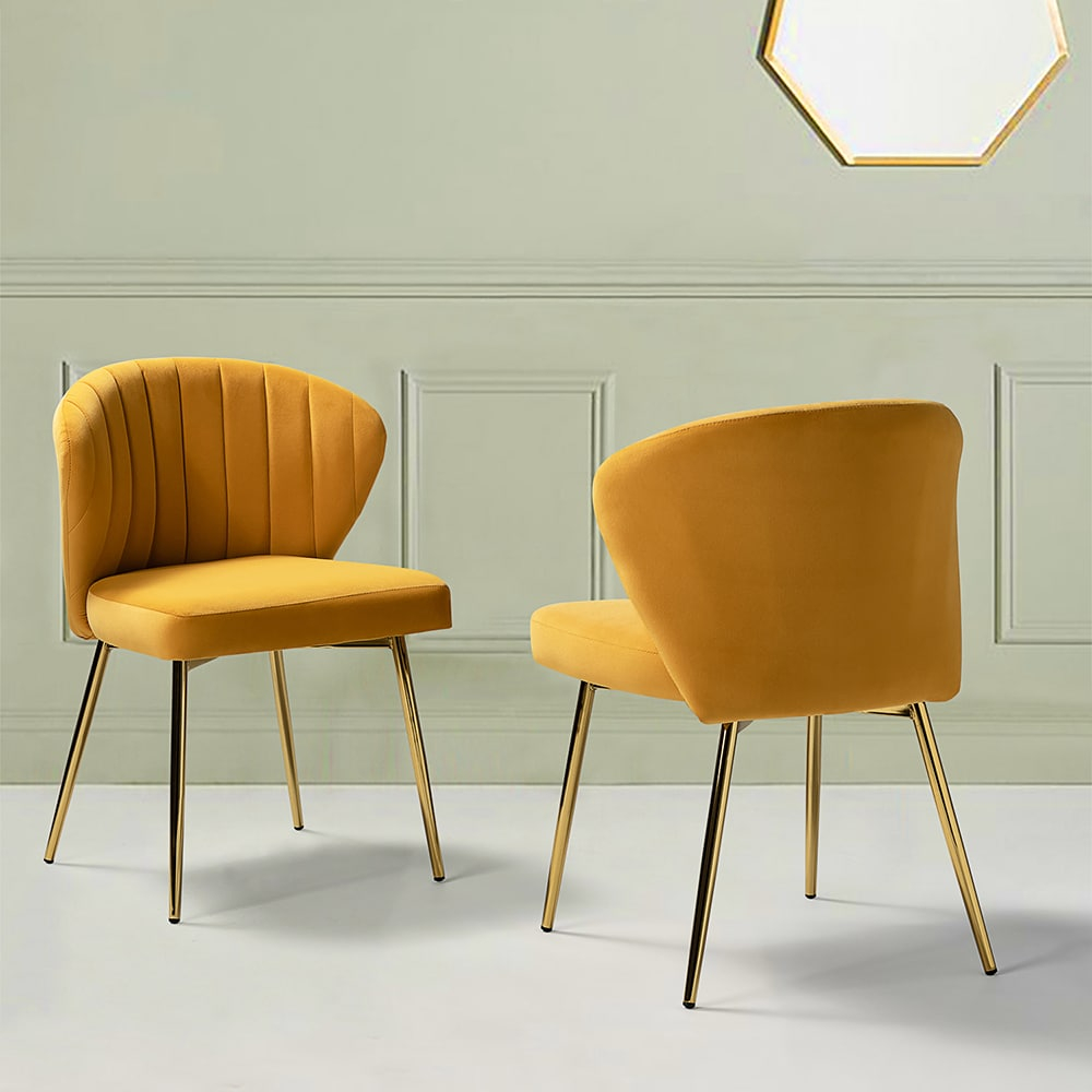 Home Kitchen Velvet Fall Dining Chairs Set of 2 Upholstered Side Chairs Accent Channel Tufted Metal Legs Living Room Bedroom Mustard