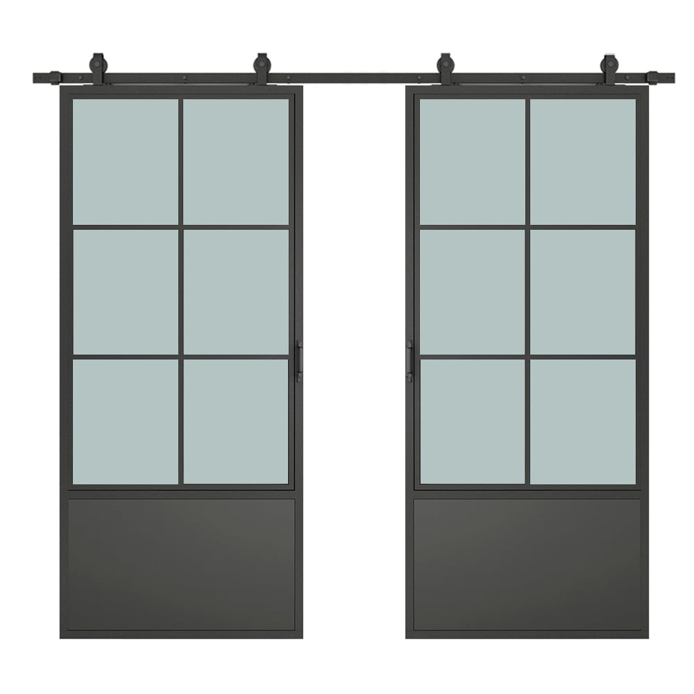 CALHOME 60-in x 84-in Frosted Glass Black Frosted glass Glass Solid core Double Barn Door (Hardware Included)