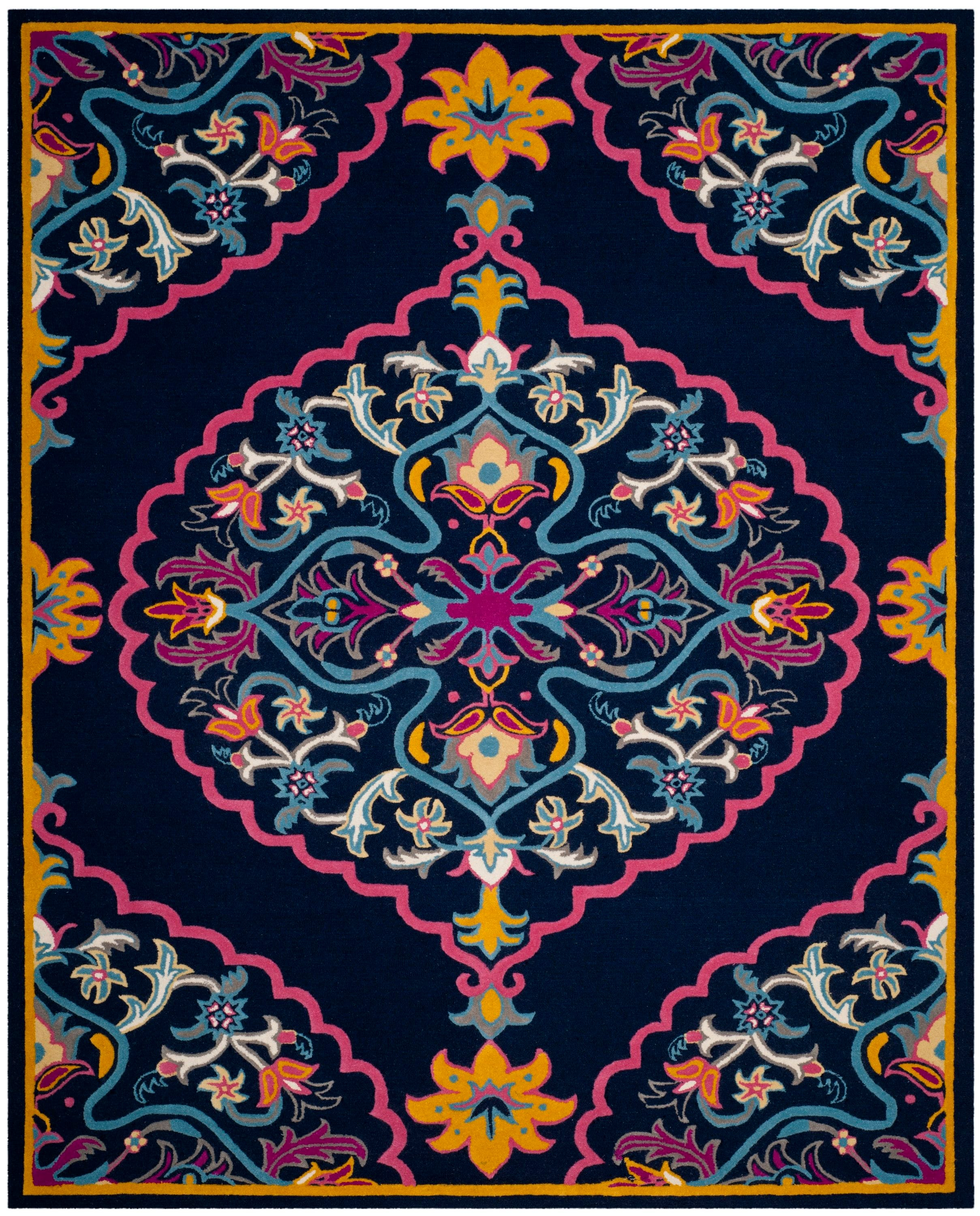 Navy Blue and Multicolor Wool Silk 8' x 10' Handmade Area Rug