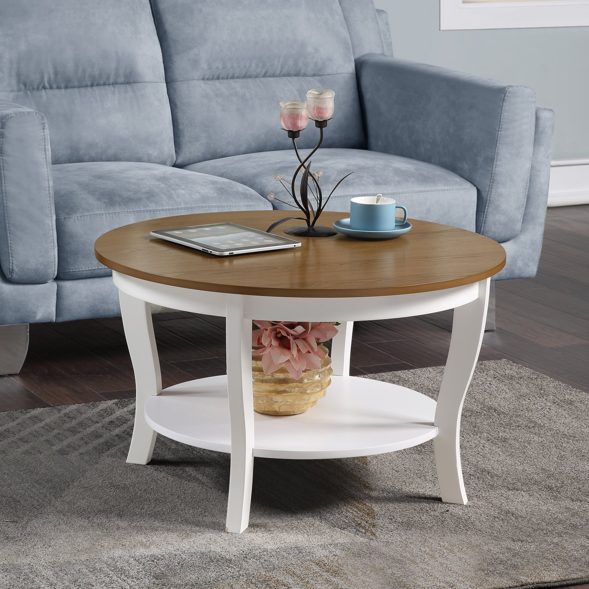 Convenience Concepts American Heritage Round Coffee Table with Shelf, Driftwood/White Wood Finish