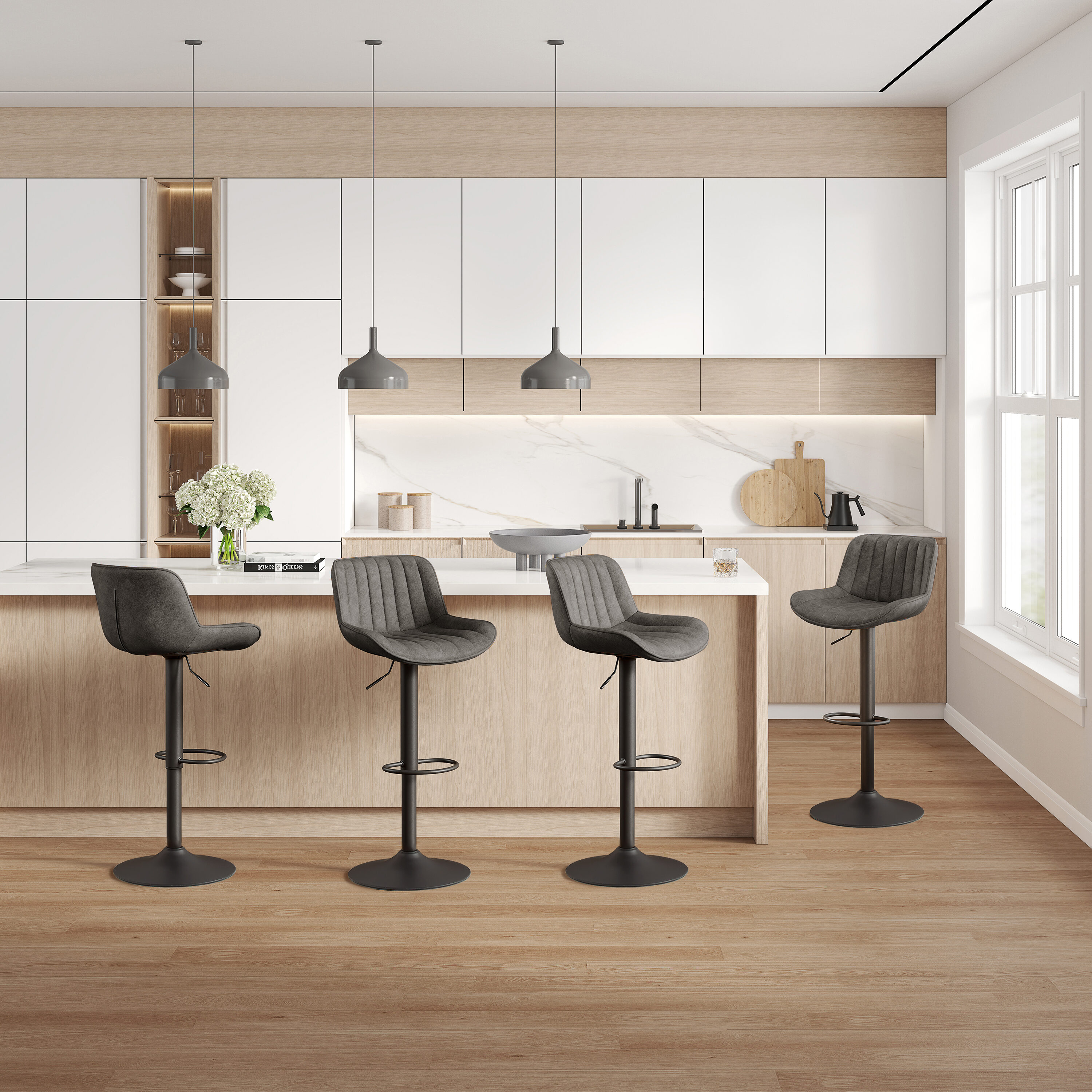 Art Leon Rustic Bar Stools Set of 2, Faux Leather with Backrest Chrome Legs, Upholstered Swivel Kitchen Stools, Gray