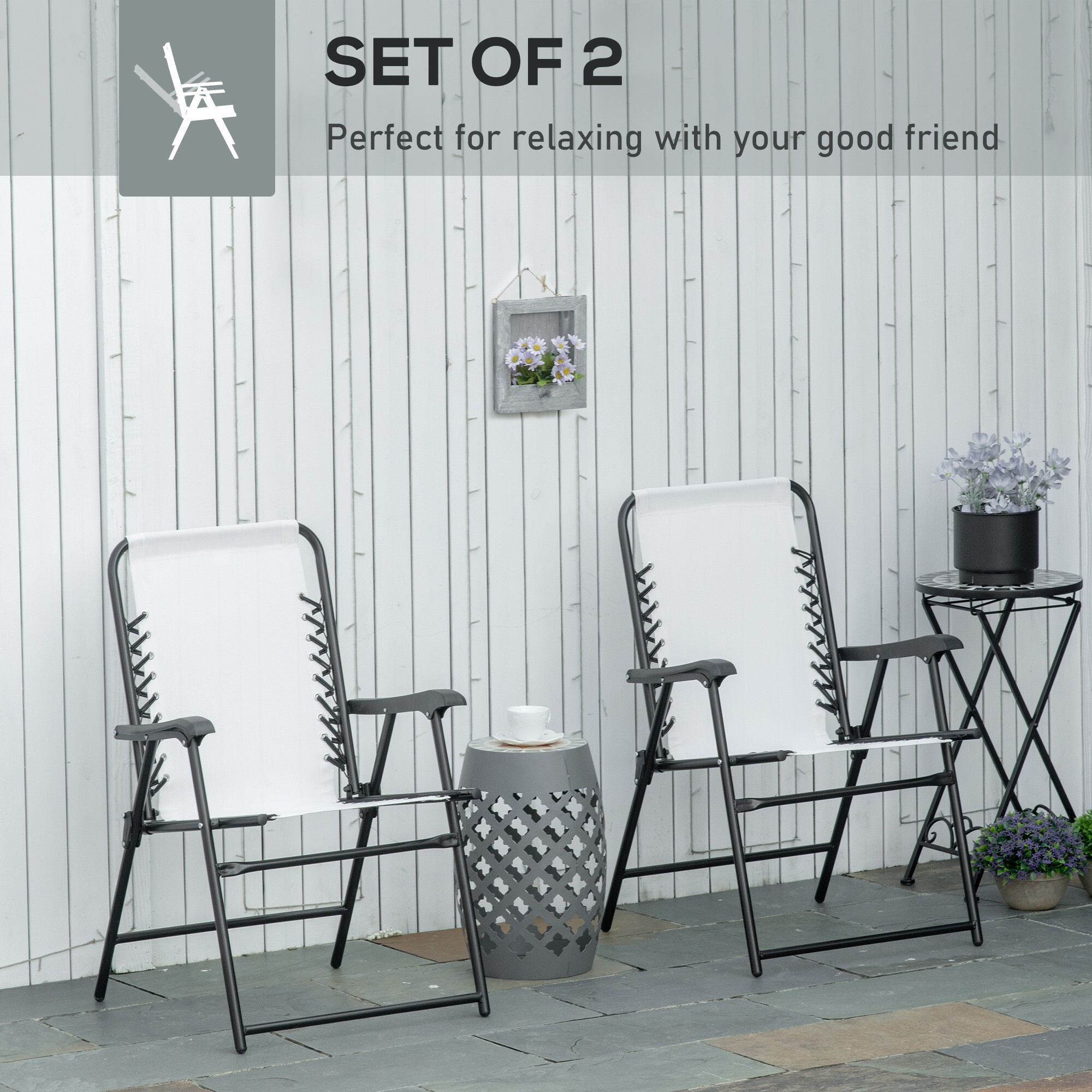 Set of 2 Cream White Steel Folding Outdoor Chairs with Armrests