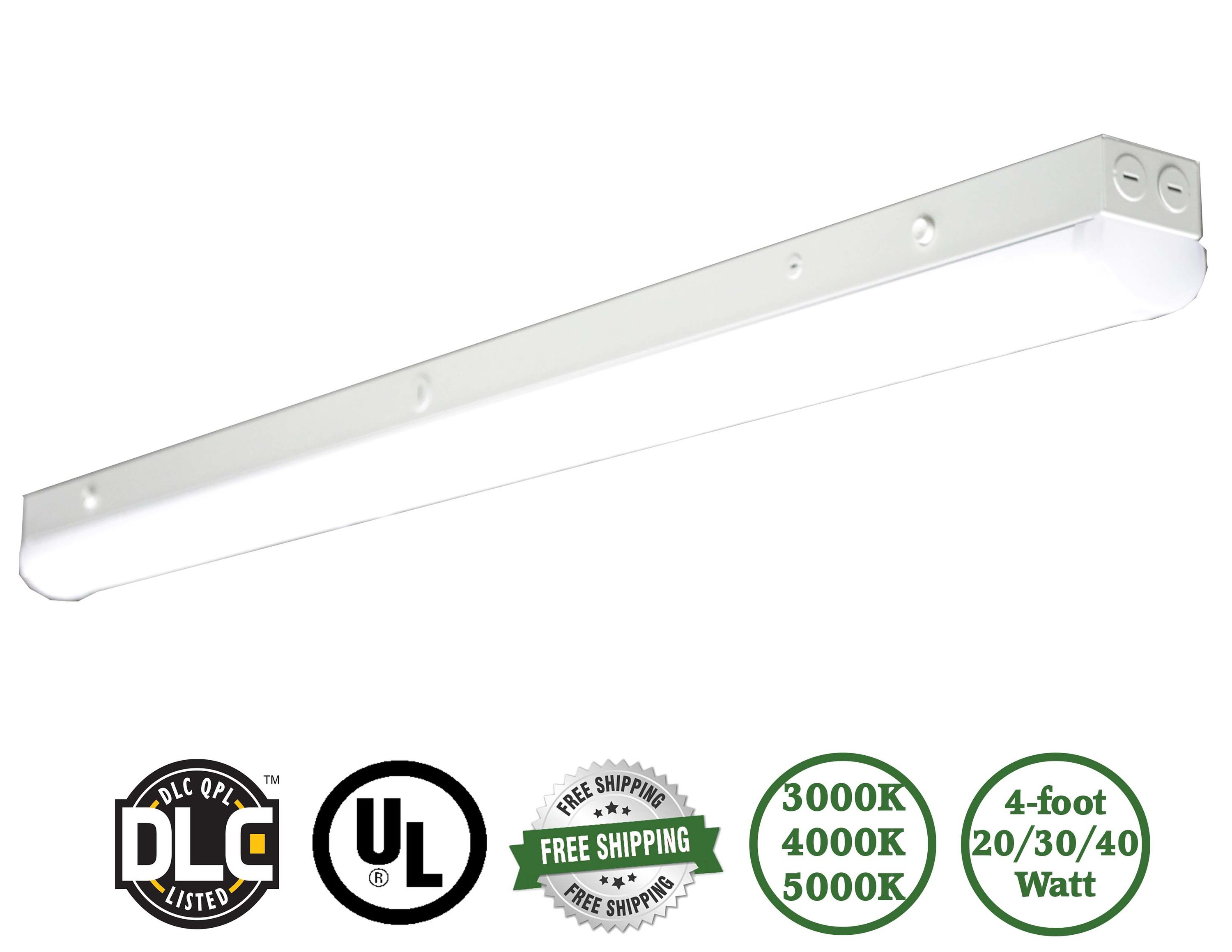 RAB SR4 4 ft. LED Strip Fixture, Field Adjustable Power and Color Temperature, 3500K/4000K/5000K, 20/30/40W, 6174 Lumens, 0-10V Dimmable, 120-277V, Surface Mount