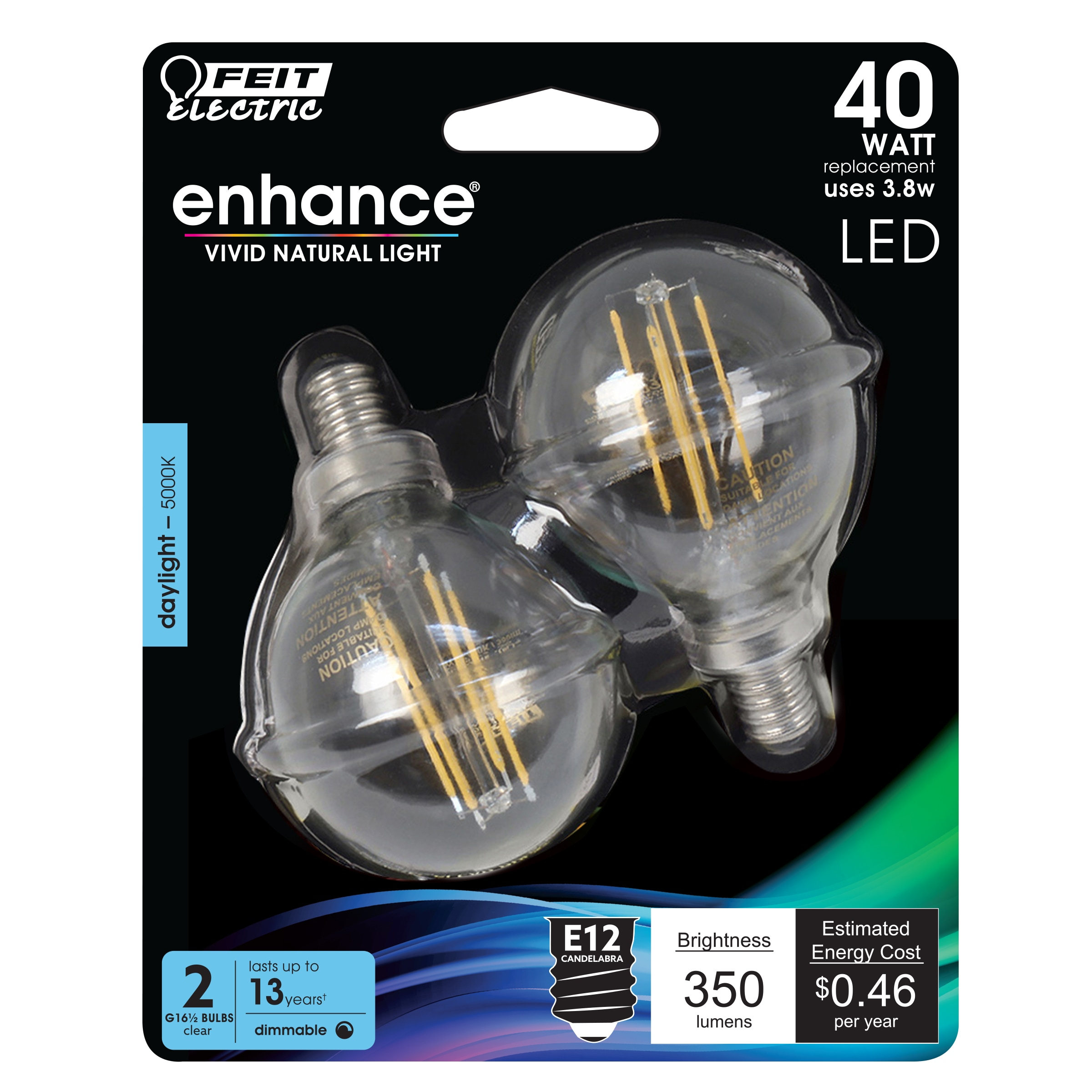 Feit Electric LED Filament 40 -Watt EQ G16.5 Daylight Candelabra base (E-12) Dimmable LED Decorative Light Bulb 2 -Pack