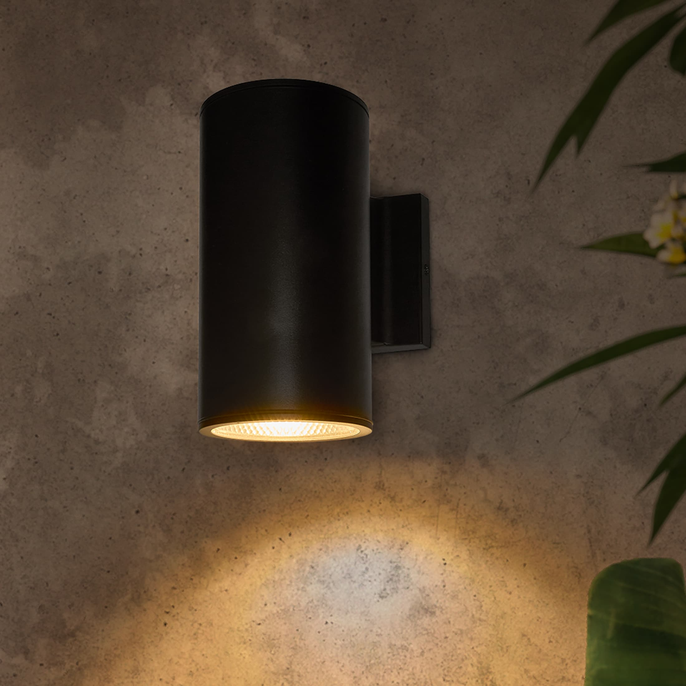 Maxxima Cylinder LED Outdoor Wall Light, Modern Wall Wash, 12 Watt, 1050 Lumens, 5 CCT 2700K/3000K/3500K/4000K/5000K, Dusk to Dawn Photocell Sensor, Exterior Garage, Patio, or Porch Lighting, Black