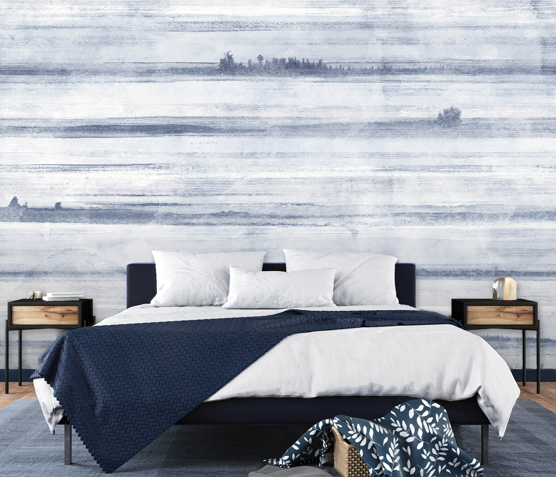 Ocean Blue and White Striped Washable Wall Mural