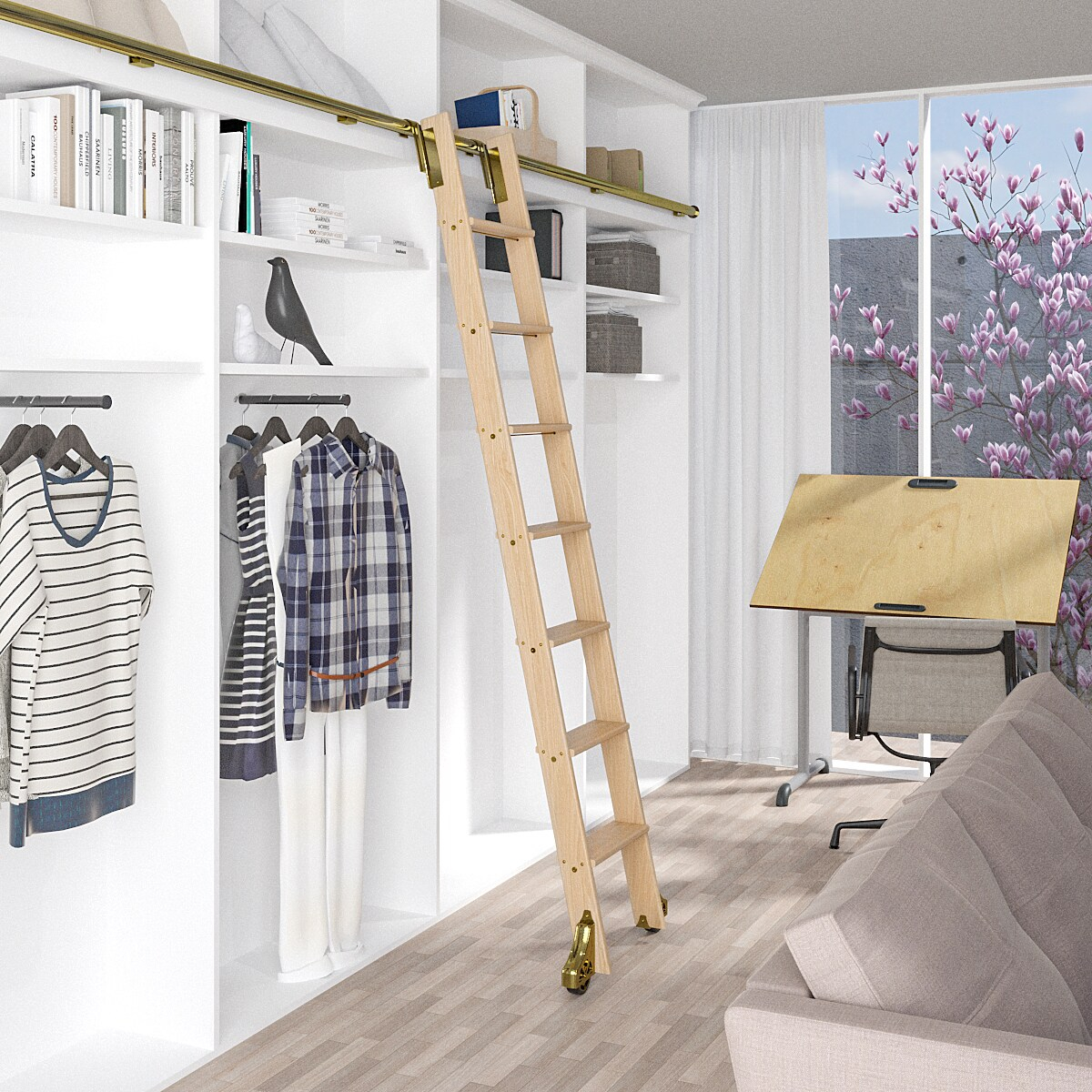 92 in. Clear Finished Red Oak Library Ladder (104 in. Reach) Polished Brass Top Hook Ladder Kit with 12 ft. Rail