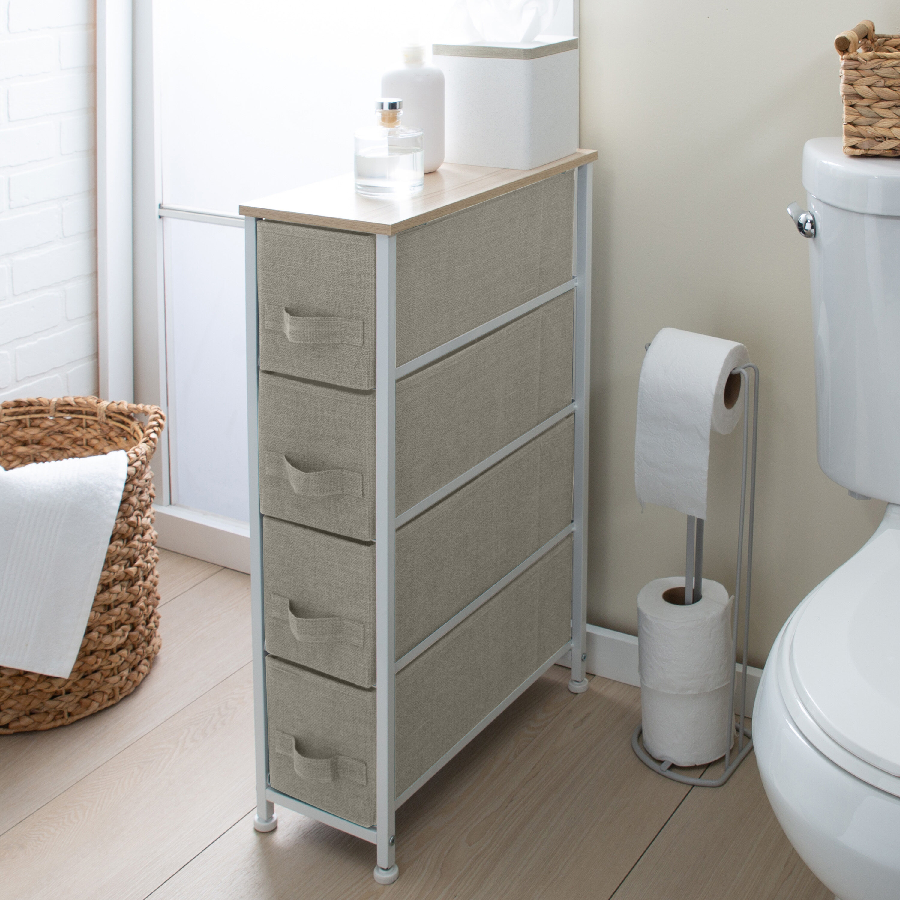 Simplify Adult 4 Drawer Slim Chest Dresser with Fabric Drawers, Beige