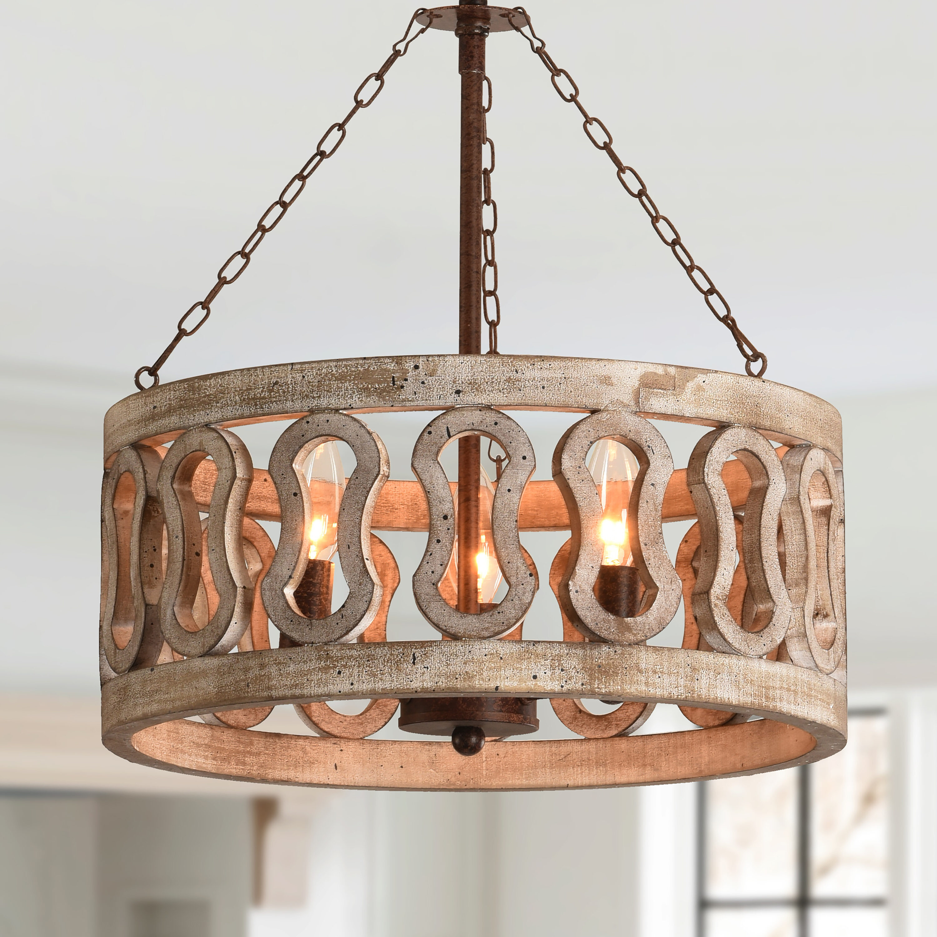 Cusp Barn  3-Light Farmhouse Candle Chandelier Rustic Drum Ceiling Pendant Light for Living Room Weathered Woood