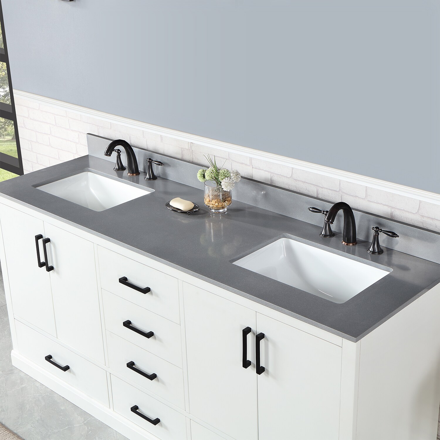 Monna 72" Double Bathroom Vanity Set in White with Concrete Grey Composite Stone Countertop without Mirror