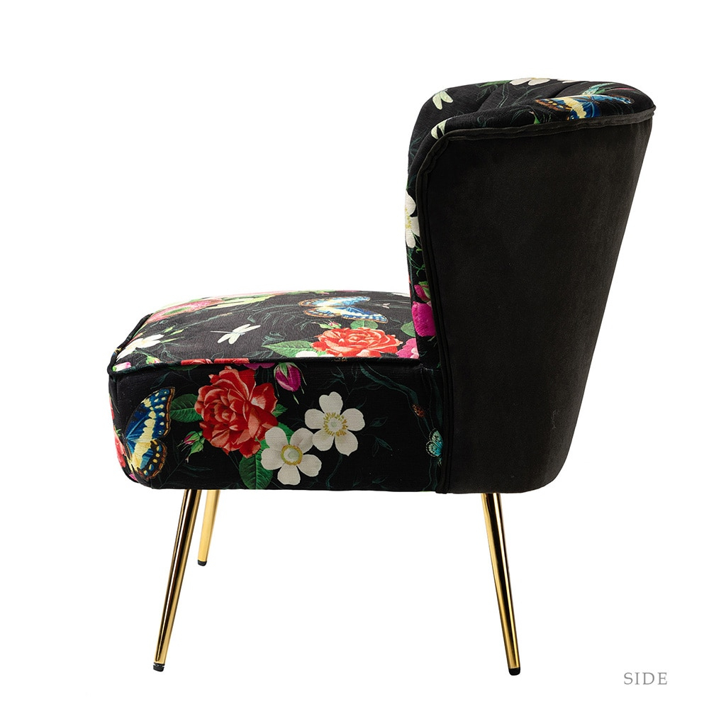 Floral Accent Chair Upholstered Wingback Sofa Tufted Back Golden Legs Flower Butterfly  Dining Home Living Room Bedroom Black