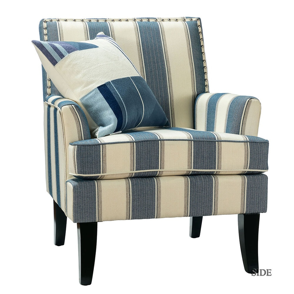 Upholstery Accent Chair Armchair Sofa Couch Lounge Seat Wood Black Legs Nailhead Trim Home Living Room Bedroom Stripe Blue
