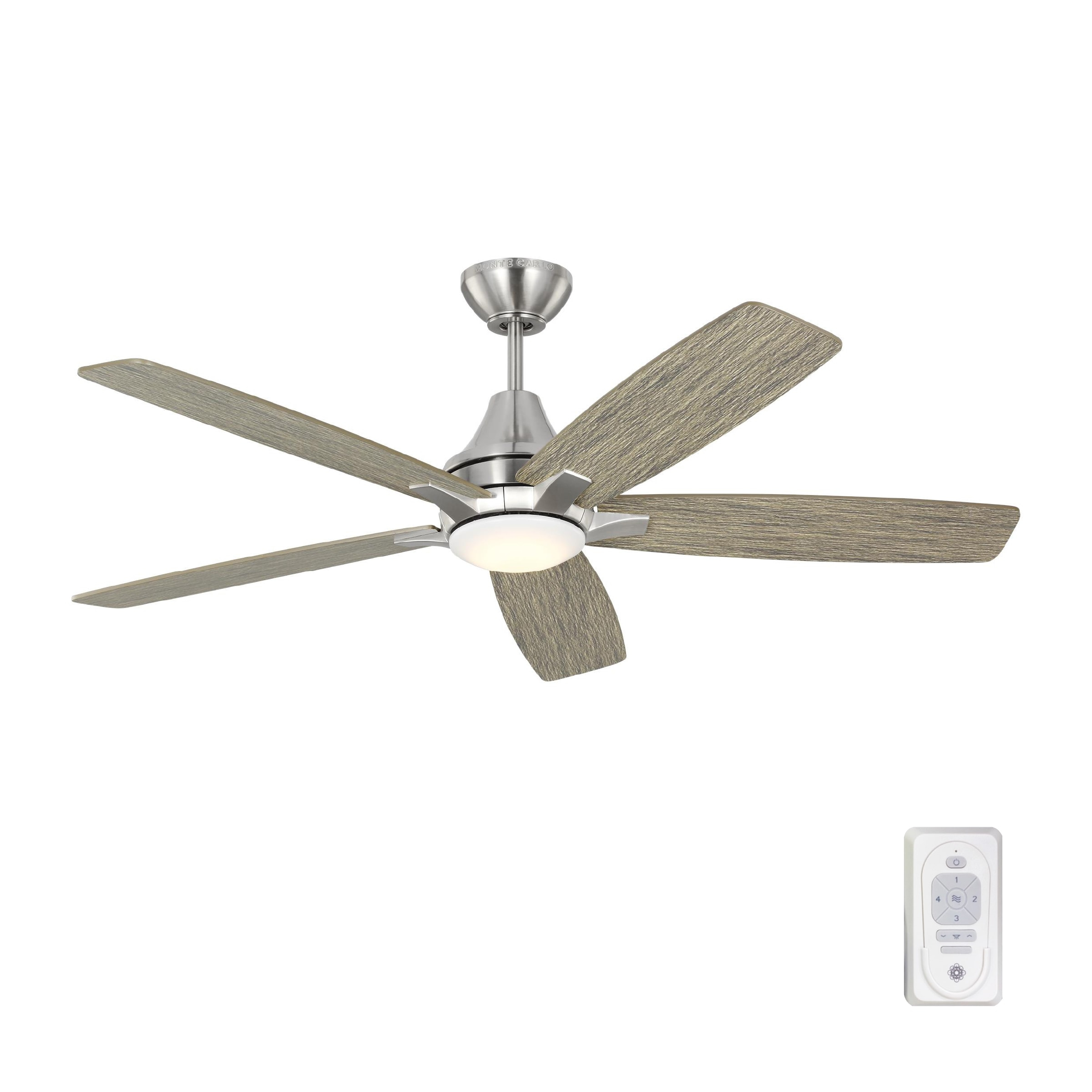 Lowden 52" Brushed Steel Ceiling Fan with Silver/Light Grey Weathered Oak Blades and LED Light