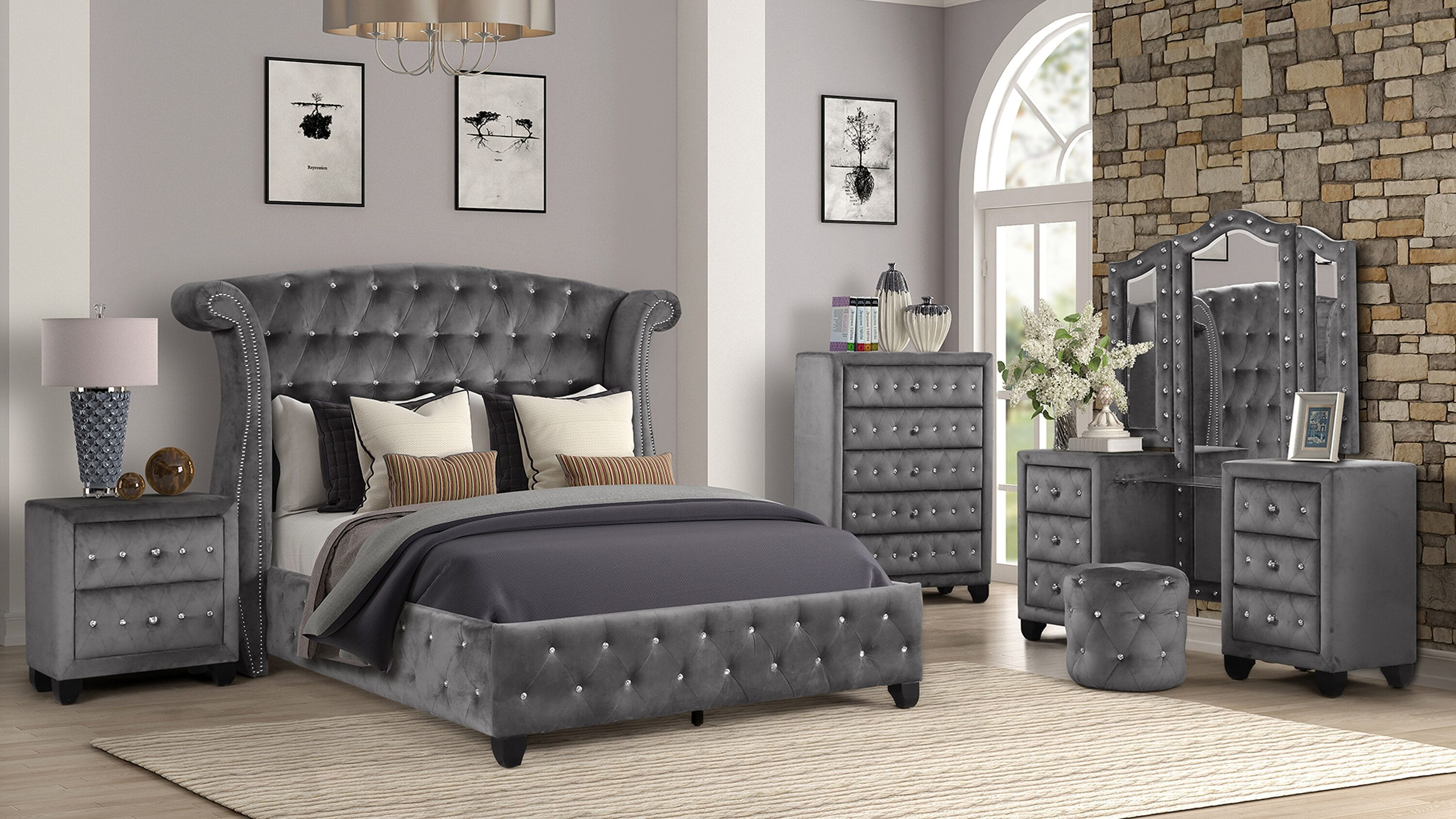 Sophia Full 5 Pc Vanity Upholstery Bedroom Set Made With Wood in Gray