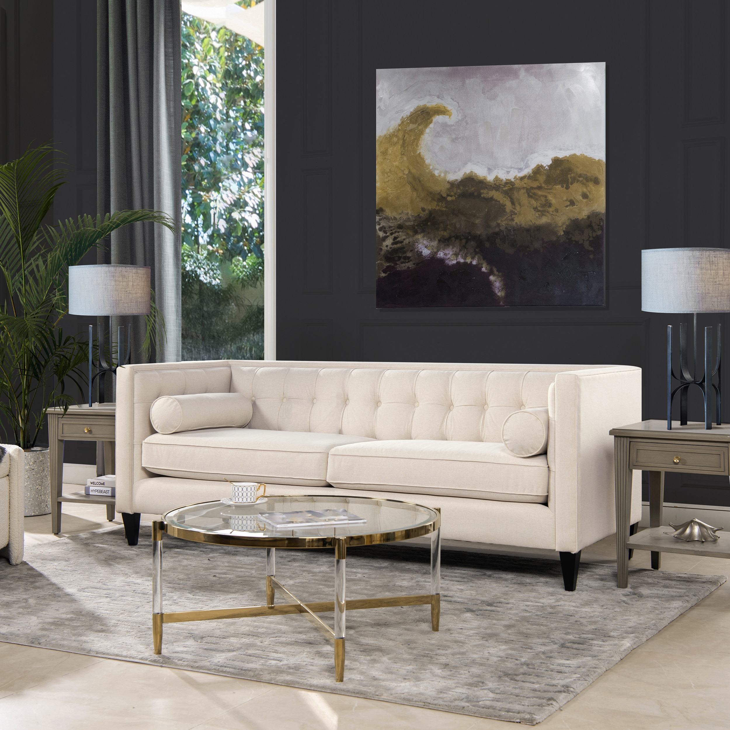 Jack 84" Tufted Tuxedo Sofa Double Cushion Sky Neutral