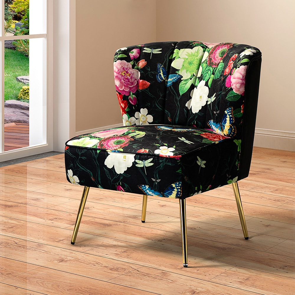Floral Accent Chair Upholstered Wingback Sofa Tufted Back Golden Legs Flower Butterfly  Dining Home Living Room Bedroom Black